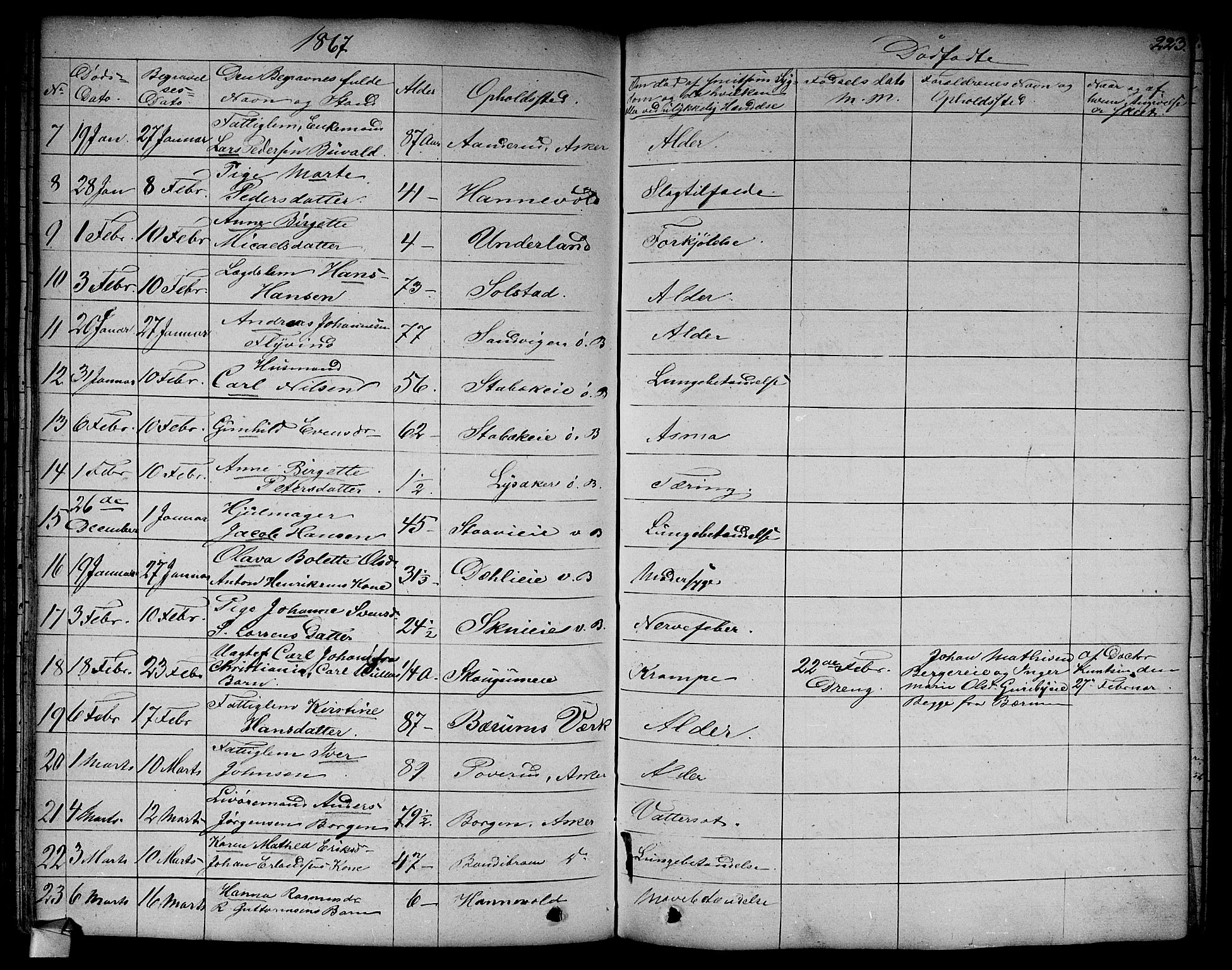 Asker prestekontor Kirkebøker, SAO/A-10256a/F/Fa/L0011: Parish register (official) no. I 11, 1825-1878, p. 223