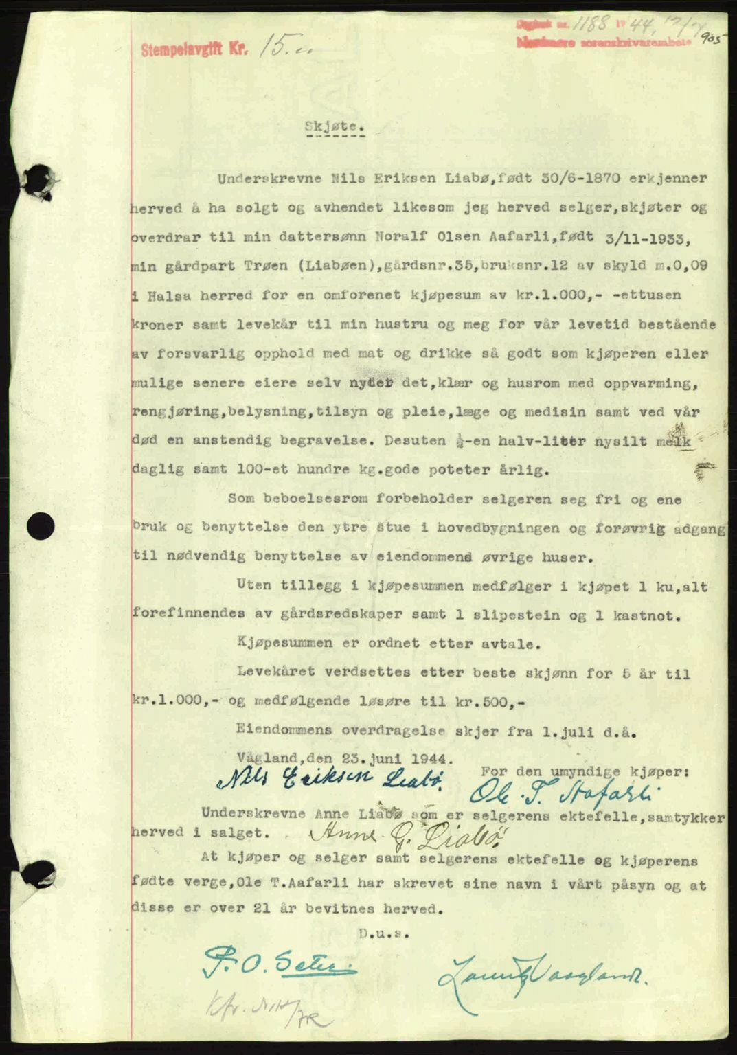 Nordmøre sorenskriveri, AV/SAT-A-4132/1/2/2Ca: Mortgage book no. A97, 1944-1944, Diary no: : 1188/1944