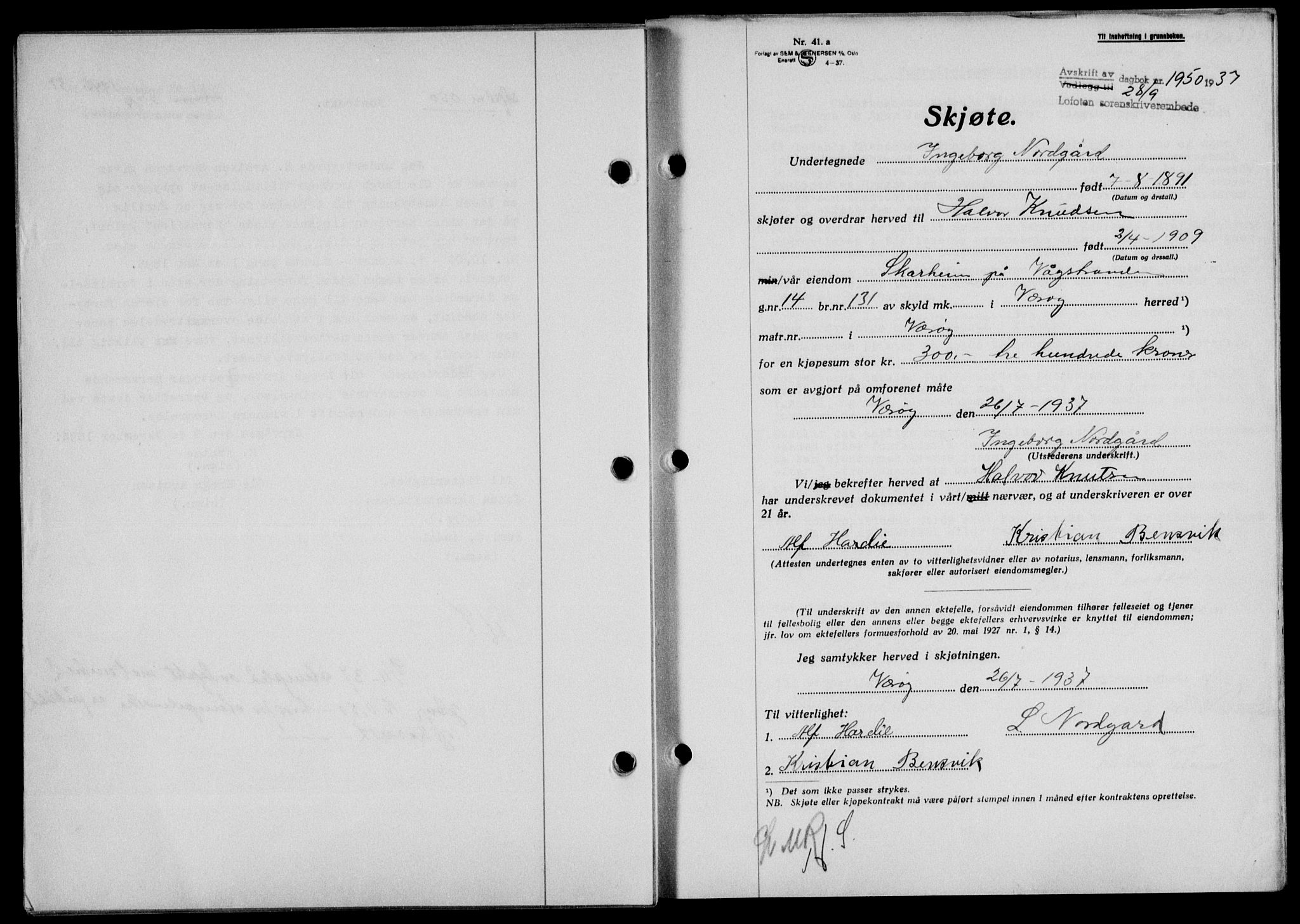 Lofoten sorenskriveri, SAT/A-0017/1/2/2C/L0002a: Mortgage book no. 2a, 1937-1937, Diary no: : 1950/1937