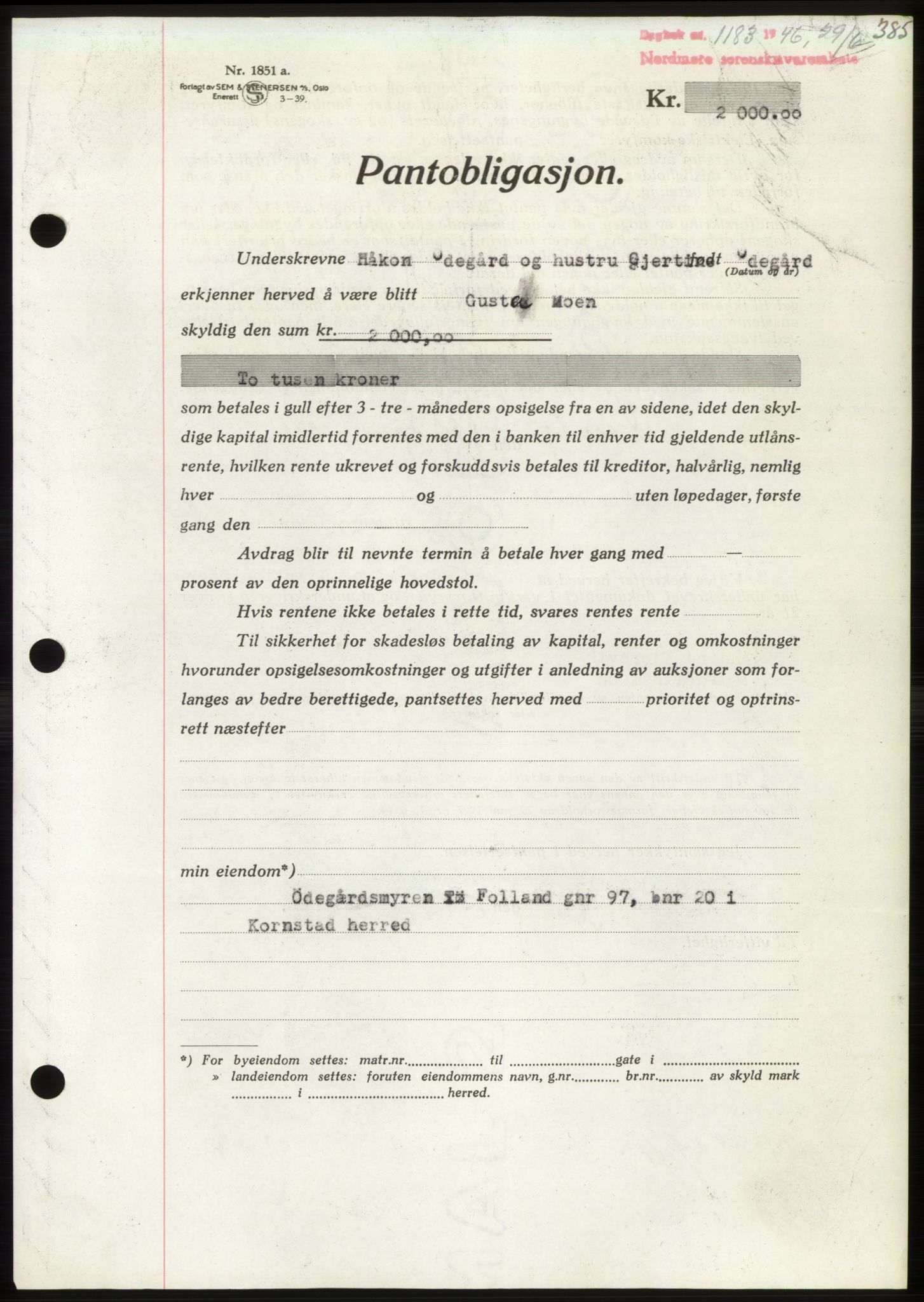 Nordmøre sorenskriveri, AV/SAT-A-4132/1/2/2Ca: Mortgage book no. B94, 1946-1946, Diary no: : 1183/1946