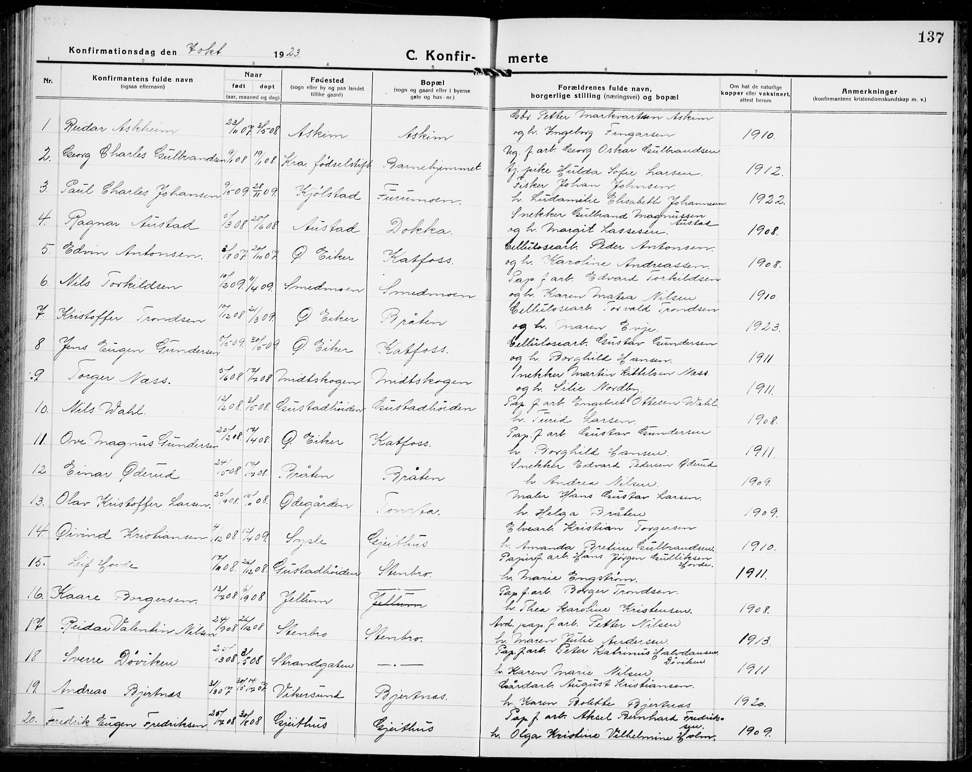 Modum kirkebøker, AV/SAKO-A-234/G/Ga/L0012: Parish register (copy) no. I 12, 1923-1933, p. 137