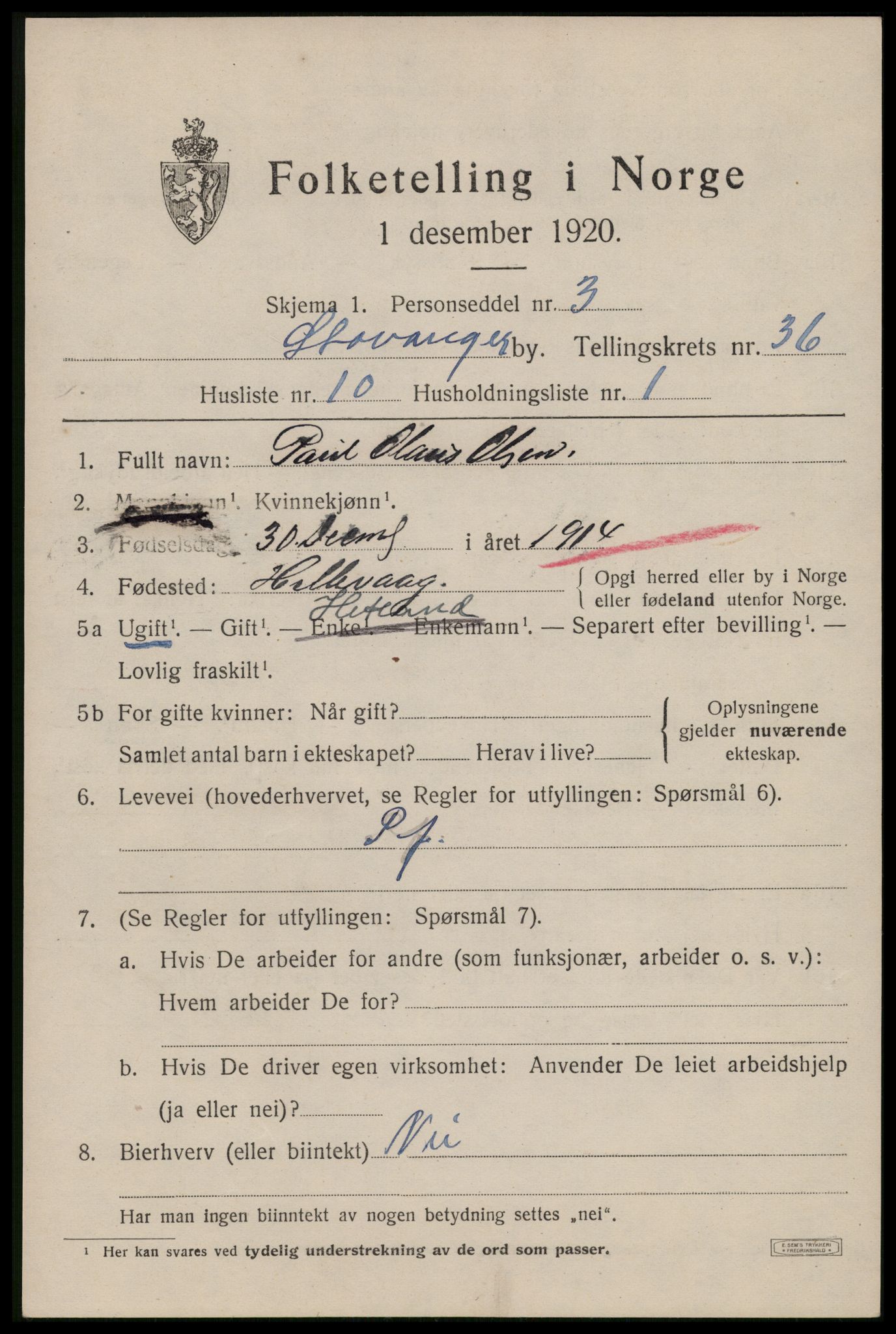 SAST, 1920 census for Stavanger, 1920, p. 95810