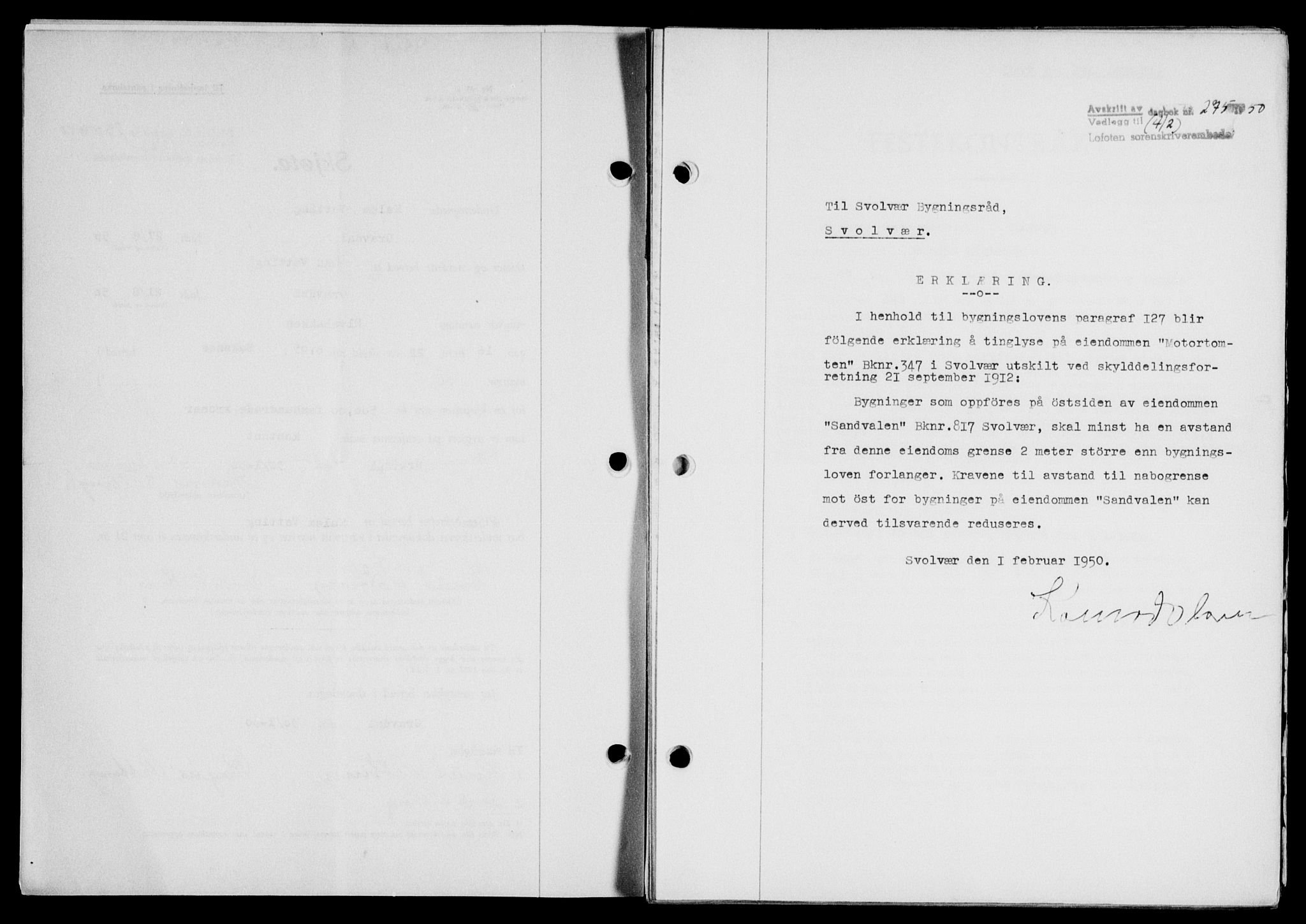 Lofoten sorenskriveri, SAT/A-0017/1/2/2C/L0023a: Mortgage book no. 23a, 1950-1950, Diary no: : 275/1950