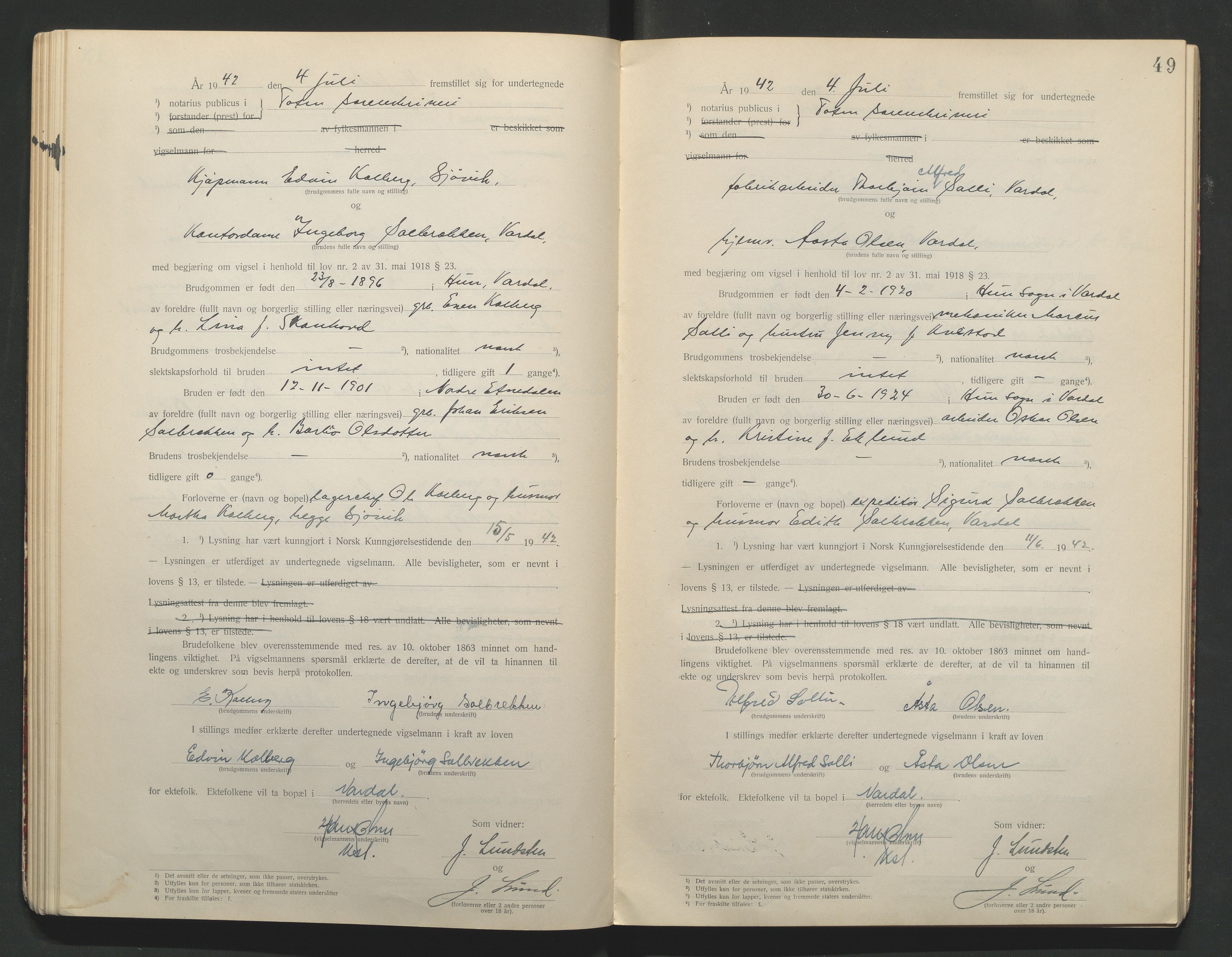 Toten tingrett, AV/SAH-TING-006/L/Lc/L0001: Vigselbok, 1920-1942, p. 49