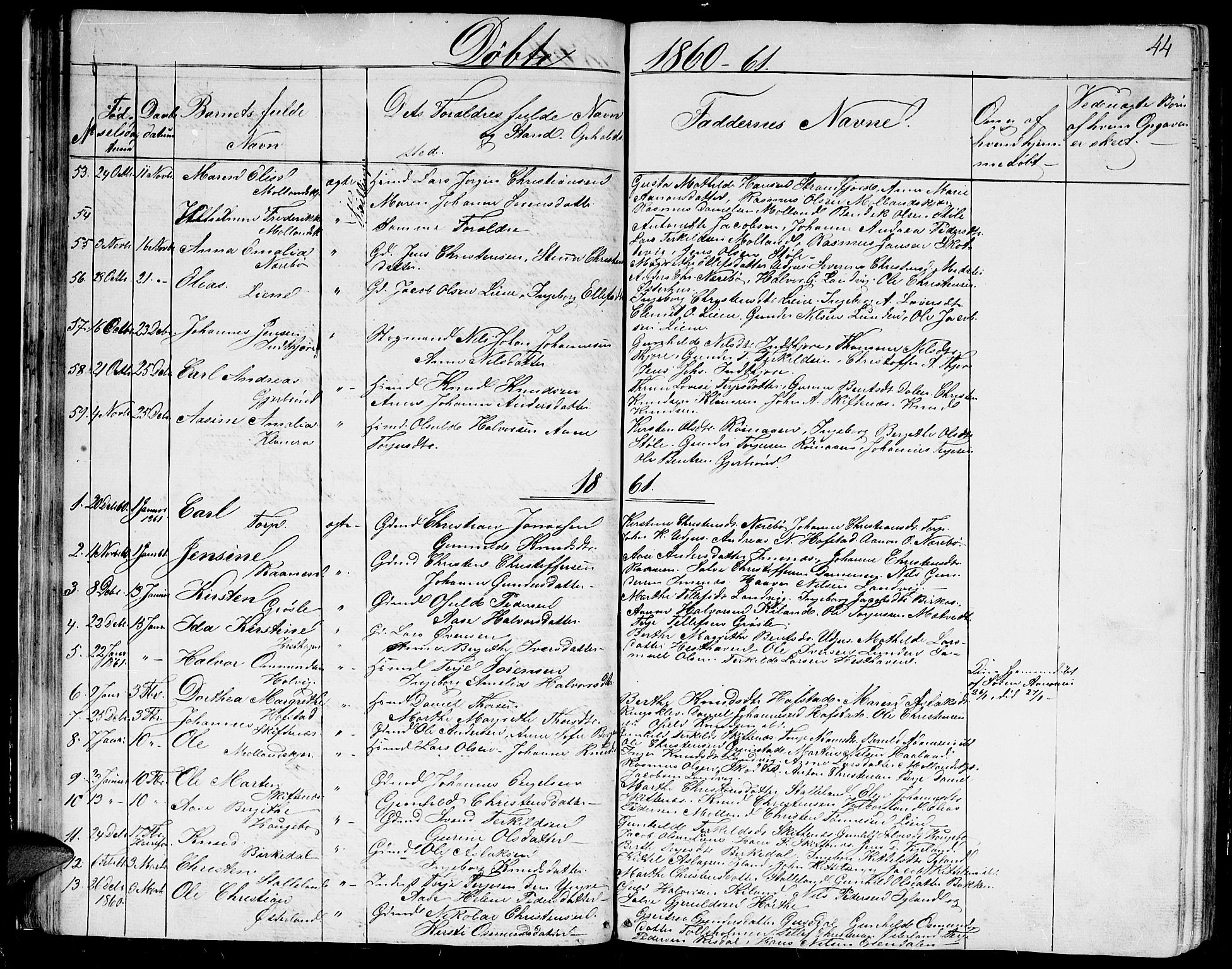 Hommedal sokneprestkontor, AV/SAK-1111-0023/F/Fb/Fbb/L0005: Parish register (copy) no. B 5, 1850-1869, p. 44