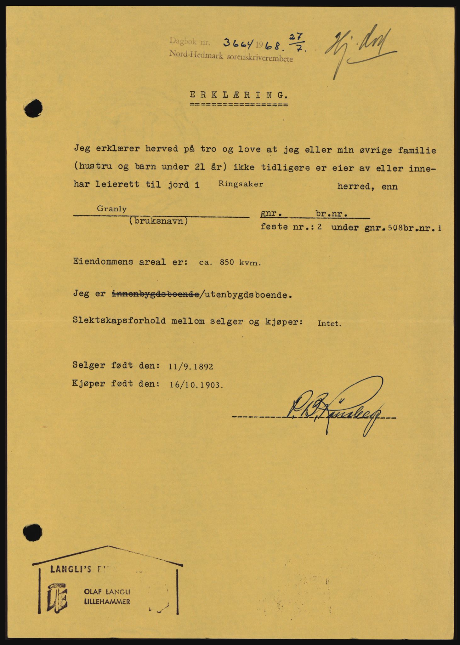 Nord-Hedmark sorenskriveri, SAH/TING-012/H/Hc/L0028: Mortgage book no. 28, 1968-1968, Diary no: : 3664/1968