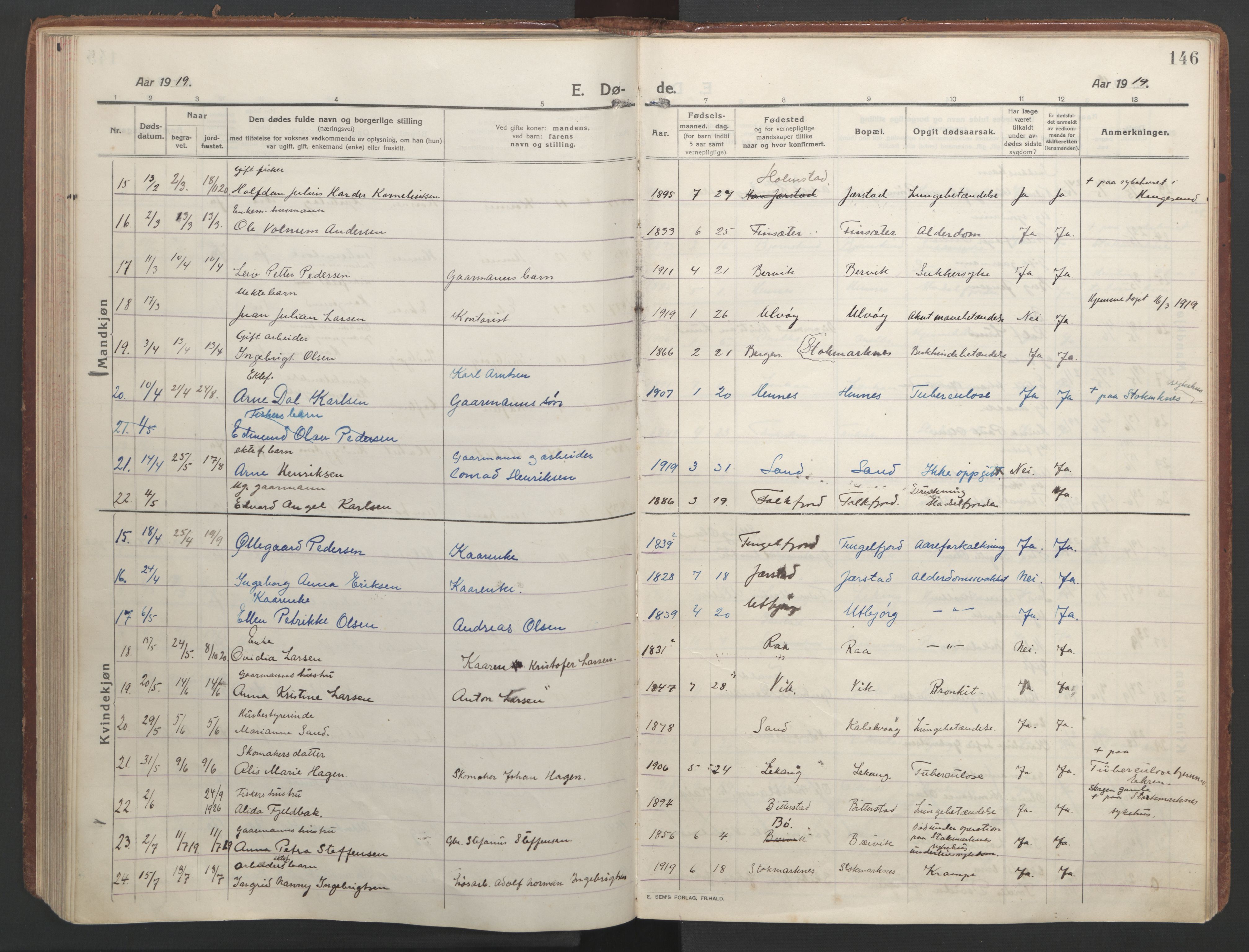 Ministerialprotokoller, klokkerbøker og fødselsregistre - Nordland, AV/SAT-A-1459/888/L1251: Parish register (official) no. 888A17, 1913-1925, p. 146