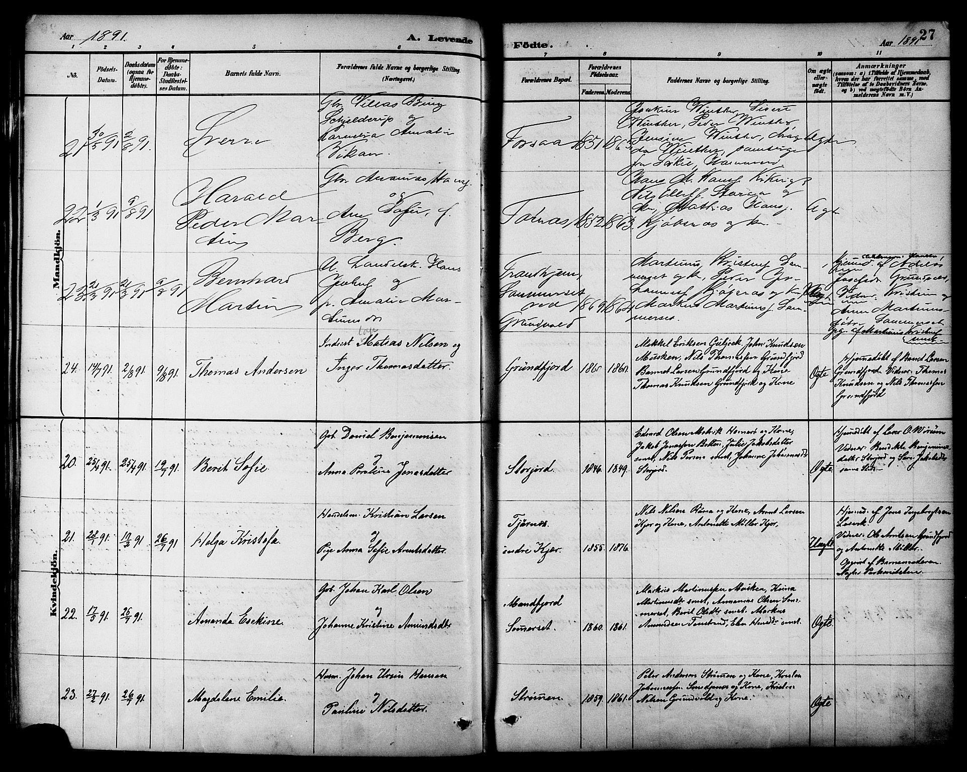 Ministerialprotokoller, klokkerbøker og fødselsregistre - Nordland, SAT/A-1459/861/L0869: Parish register (official) no. 861A04, 1889-1903, p. 27