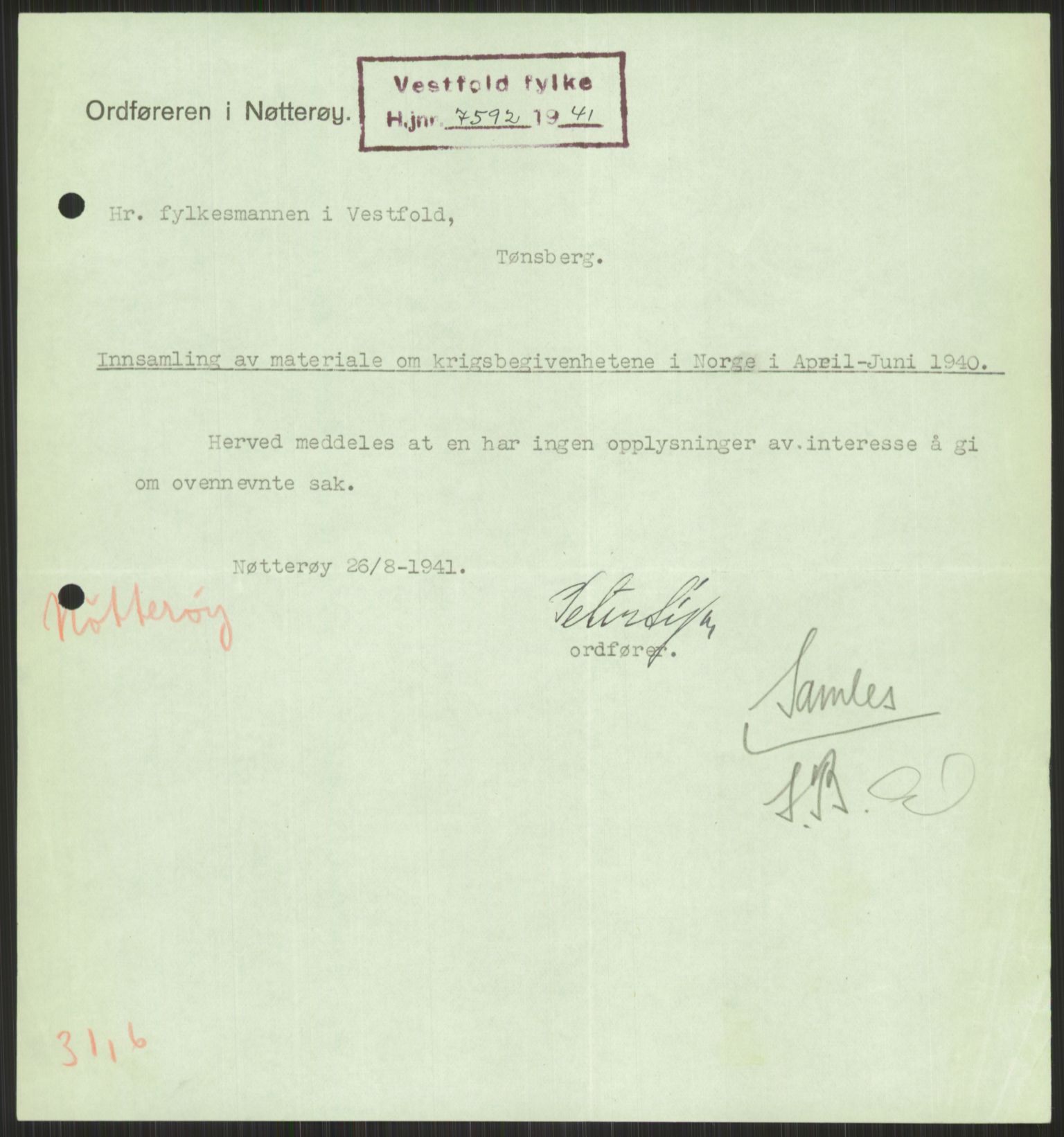 Forsvaret, Forsvarets krigshistoriske avdeling, AV/RA-RAFA-2017/Y/Ya/L0014: II-C-11-31 - Fylkesmenn.  Rapporter om krigsbegivenhetene 1940., 1940, p. 571