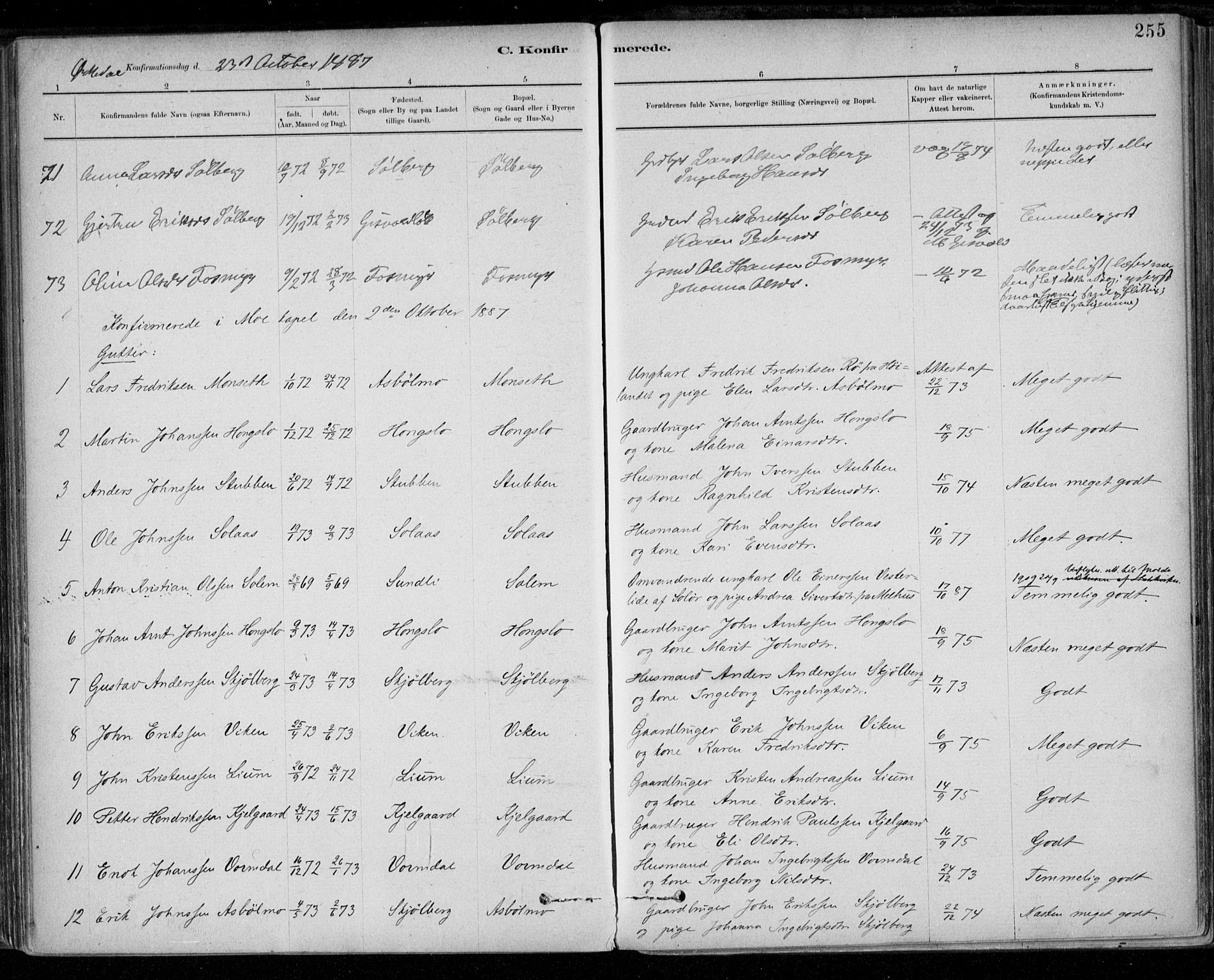 Ministerialprotokoller, klokkerbøker og fødselsregistre - Sør-Trøndelag, SAT/A-1456/668/L0809: Parish register (official) no. 668A09, 1881-1895, p. 255
