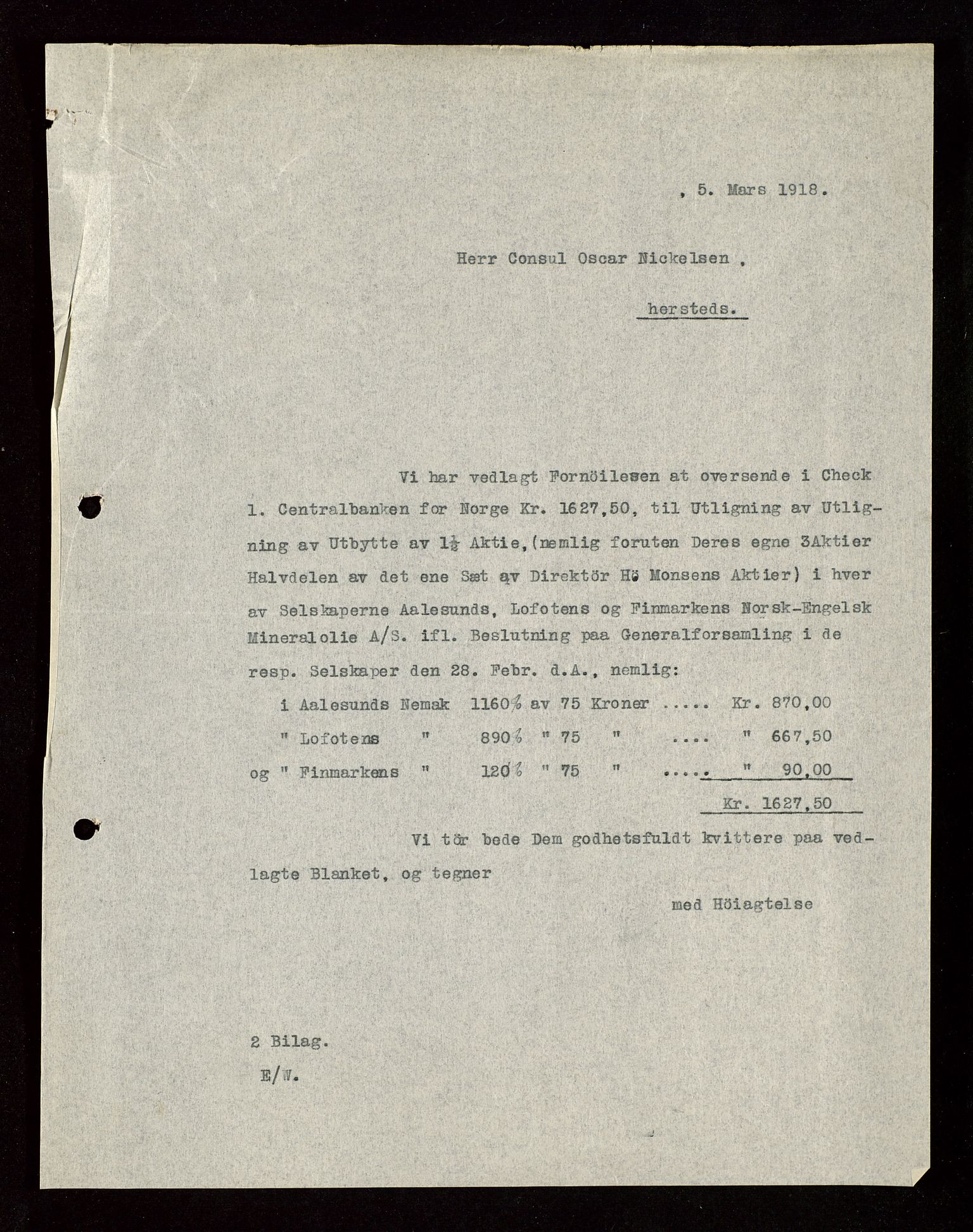 Pa 1521 - A/S Norske Shell, AV/SAST-A-101915/E/Ea/Eaa/L0003: Sjefskorrespondanse, 1918, p. 187