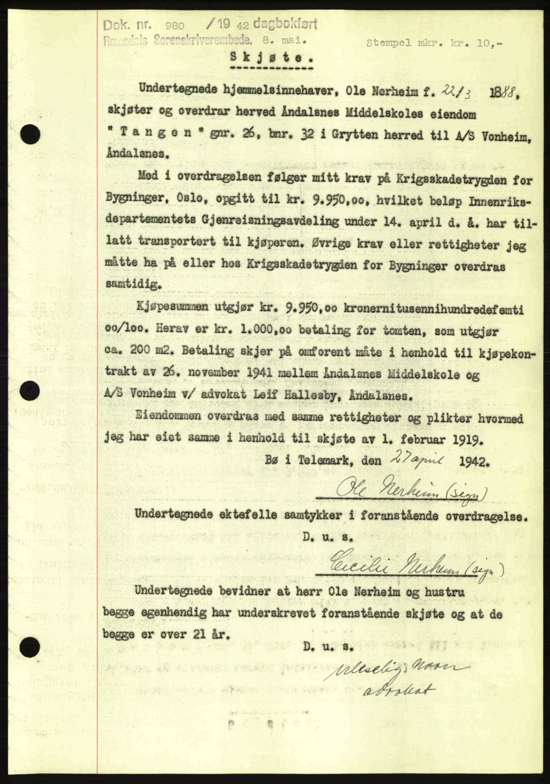 Romsdal sorenskriveri, AV/SAT-A-4149/1/2/2C: Mortgage book no. A12, 1942-1942, Diary no: : 980/1942