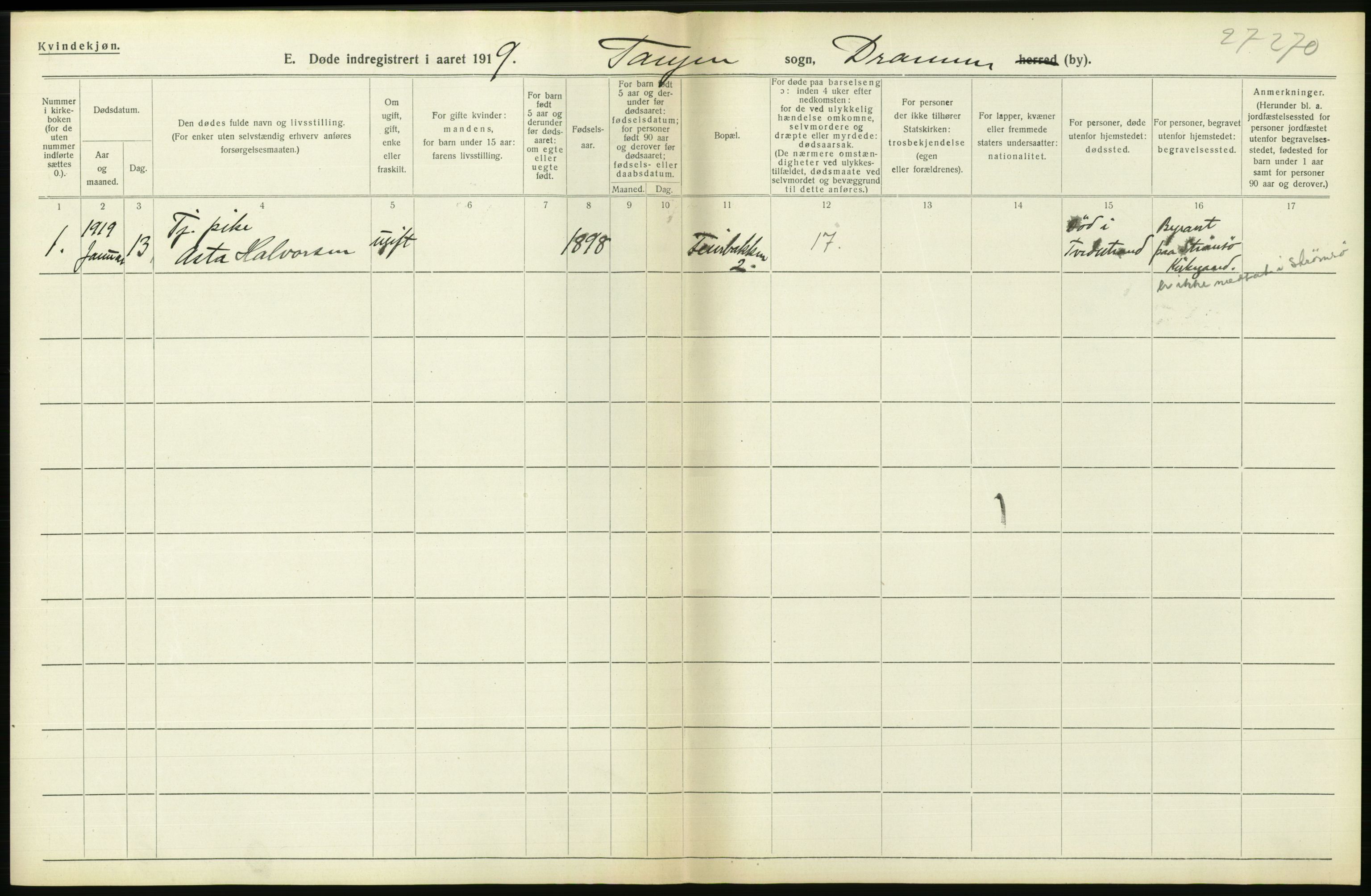 Statistisk sentralbyrå, Sosiodemografiske emner, Befolkning, AV/RA-S-2228/D/Df/Dfb/Dfbi/L0018: Buskerud fylke: Døde. Bygder og byer., 1919, p. 524