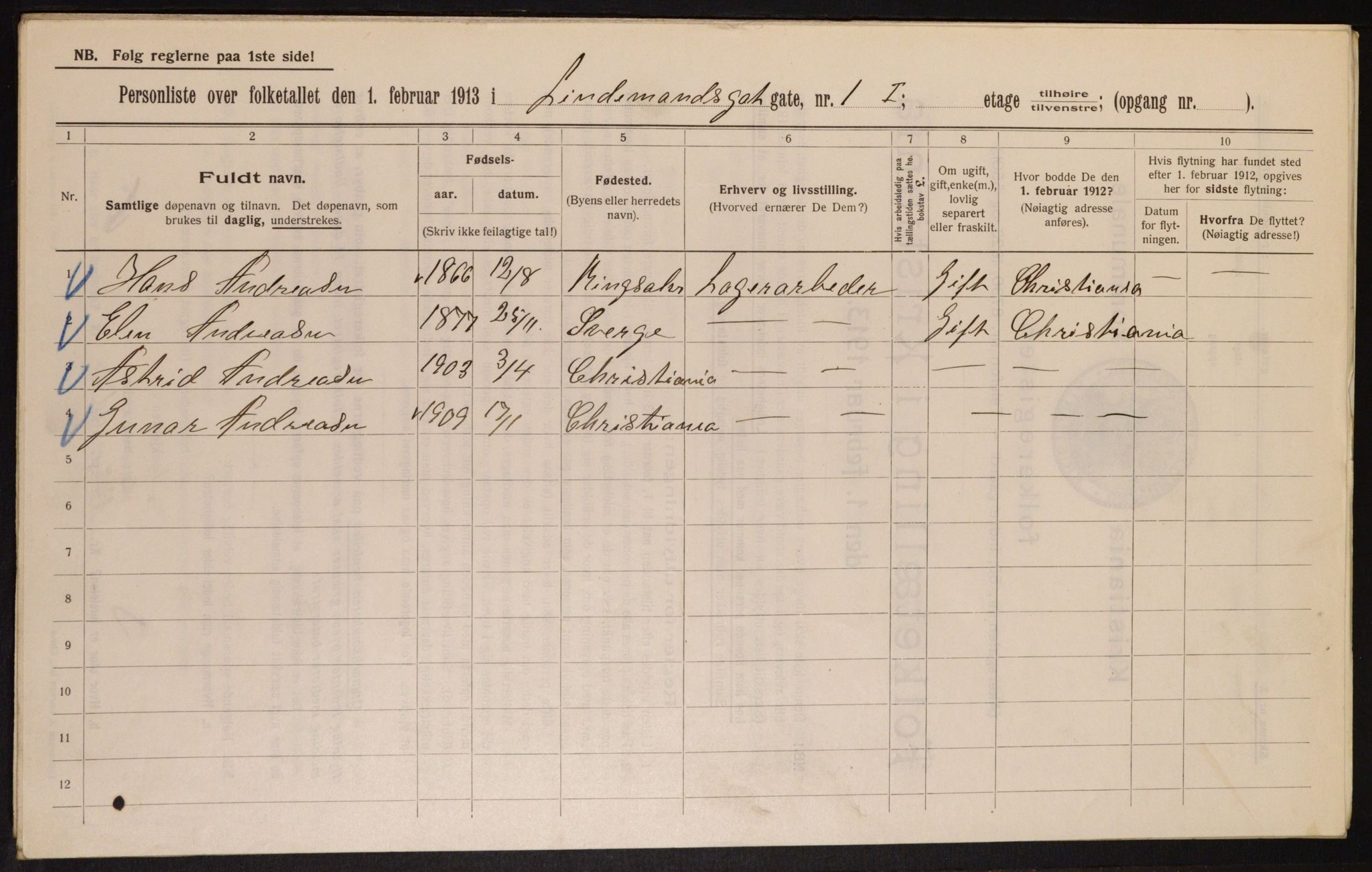 OBA, Municipal Census 1913 for Kristiania, 1913, p. 57394