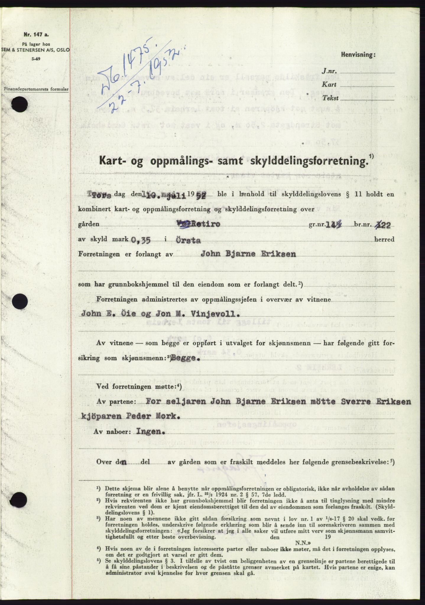 Søre Sunnmøre sorenskriveri, AV/SAT-A-4122/1/2/2C/L0092: Mortgage book no. 18A, 1952-1952, Diary no: : 1475/1952