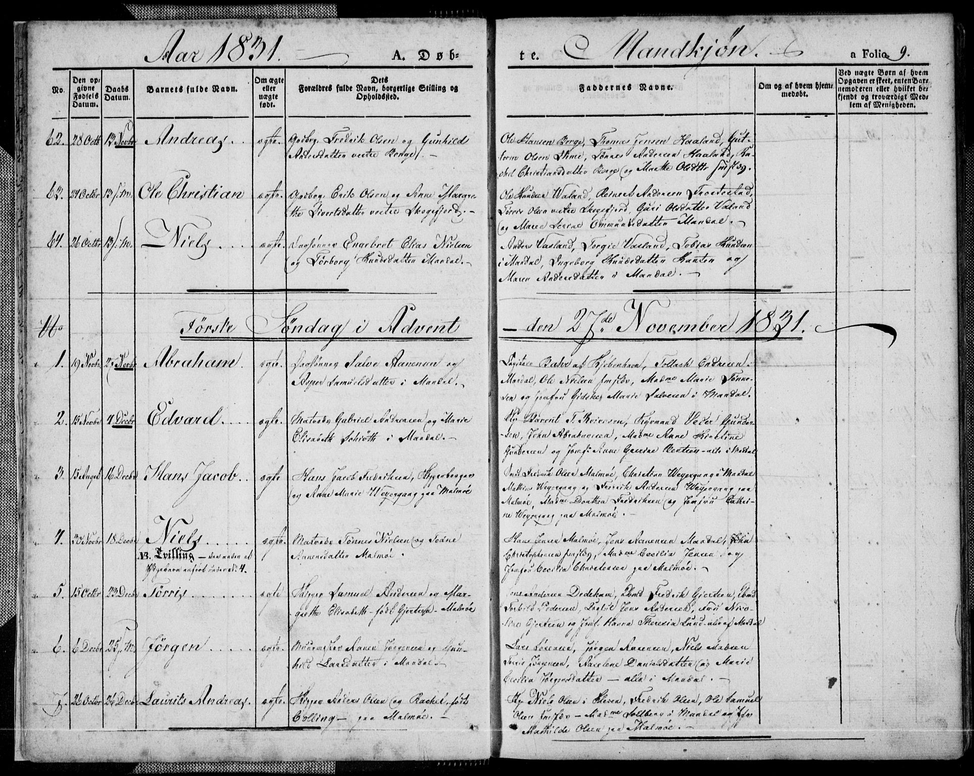 Mandal sokneprestkontor, SAK/1111-0030/F/Fa/Faa/L0011: Parish register (official) no. A 11, 1830-1839, p. 9