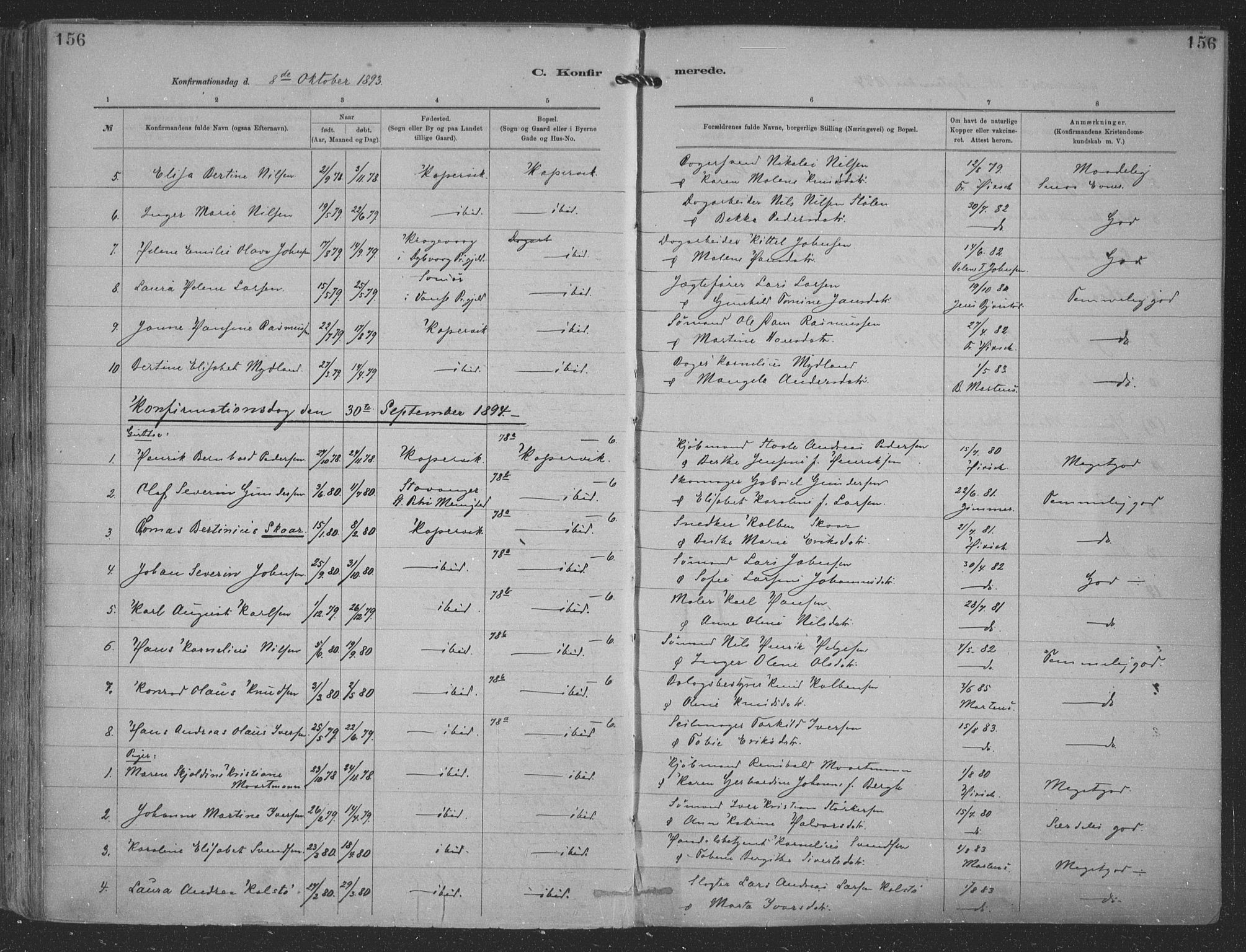 Kopervik sokneprestkontor, SAST/A-101850/H/Ha/Haa/L0001: Parish register (official) no. A 1, 1880-1919, p. 156