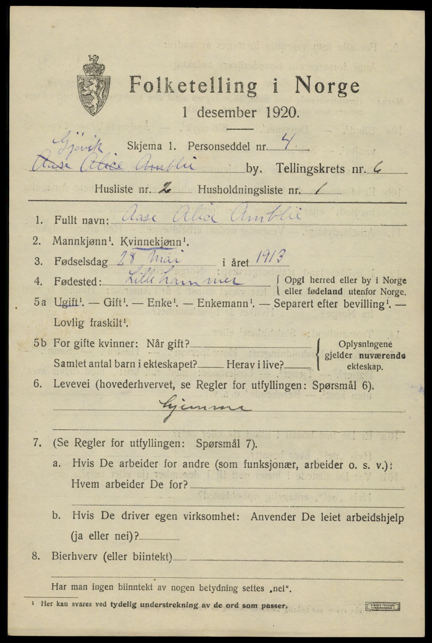 SAH, 1920 census for Gjøvik, 1920, p. 10498