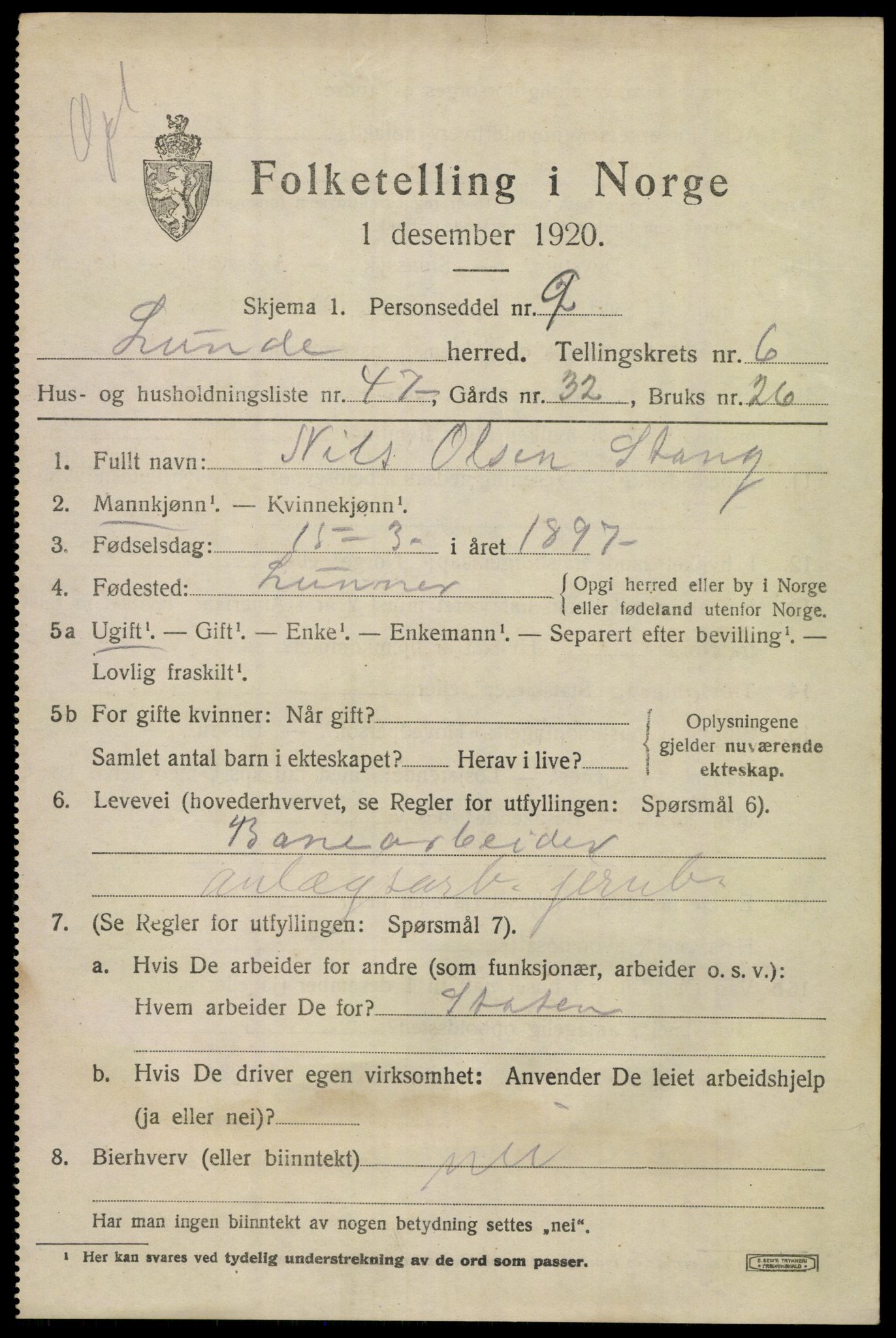 SAKO, 1920 census for Lunde, 1920, p. 4829