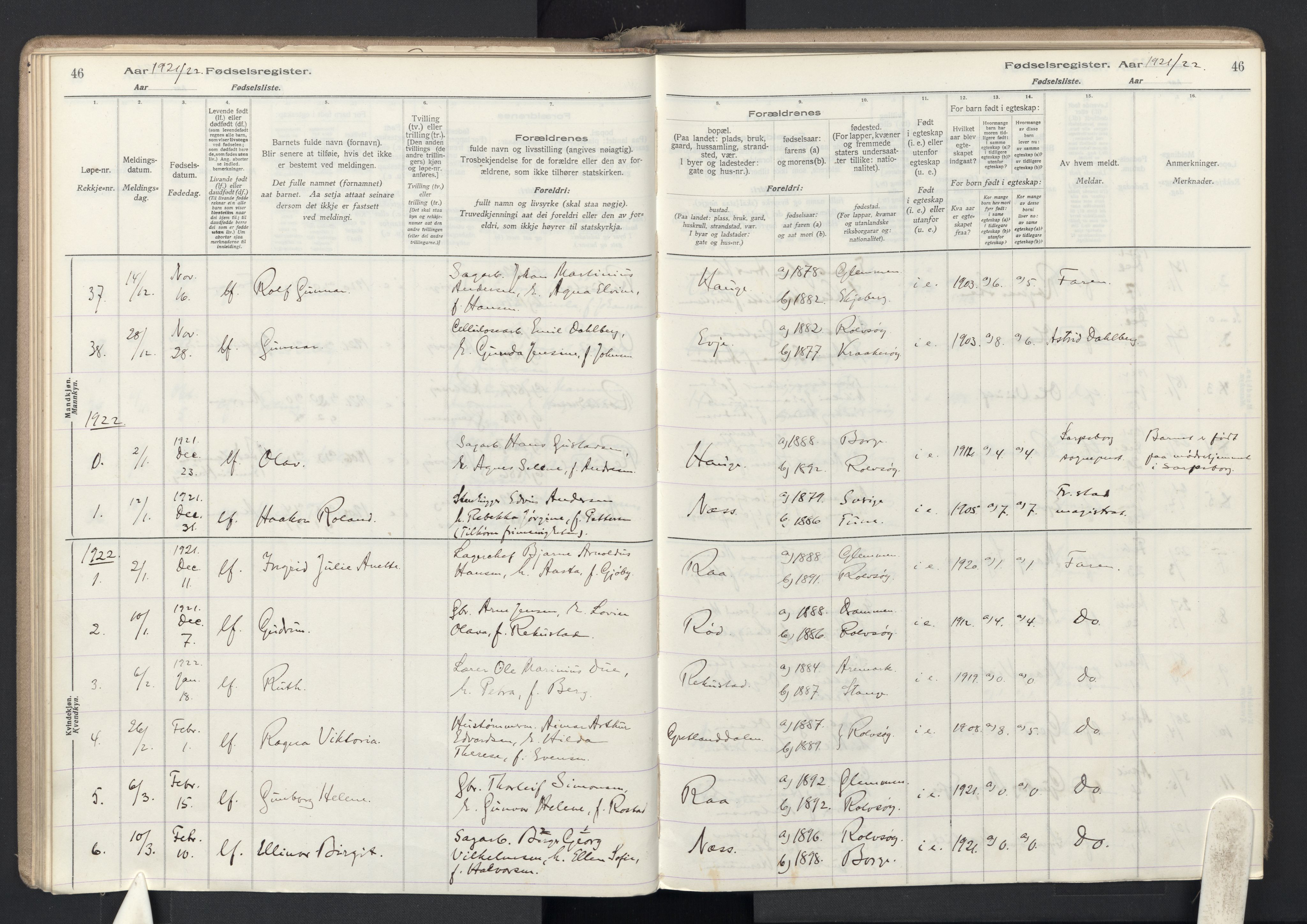 Rolvsøy prestekontor Kirkebøker, AV/SAO-A-2004/J/Ja/L0001: Birth register no. 1, 1916-1946, p. 46