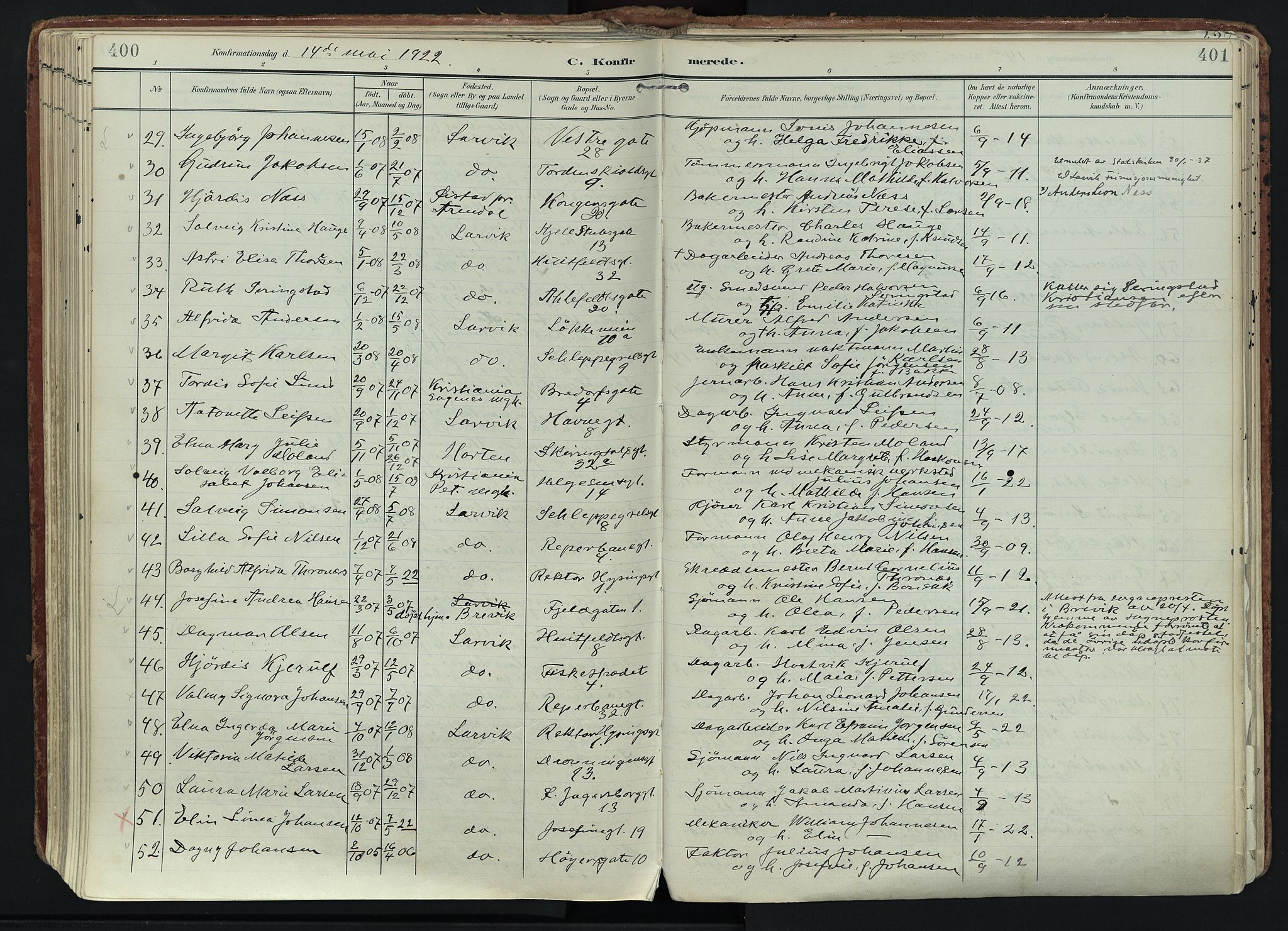 Larvik kirkebøker, SAKO/A-352/F/Fa/L0011: Parish register (official) no. I 11, 1902-1922, p. 400-401