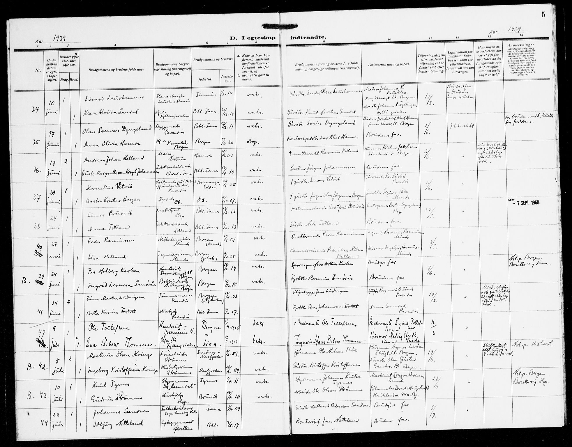 Fana Sokneprestembete, SAB/A-75101/H/Haa/Haak/L0003: Parish register (official) no. K 3, 1938-1944, p. 5