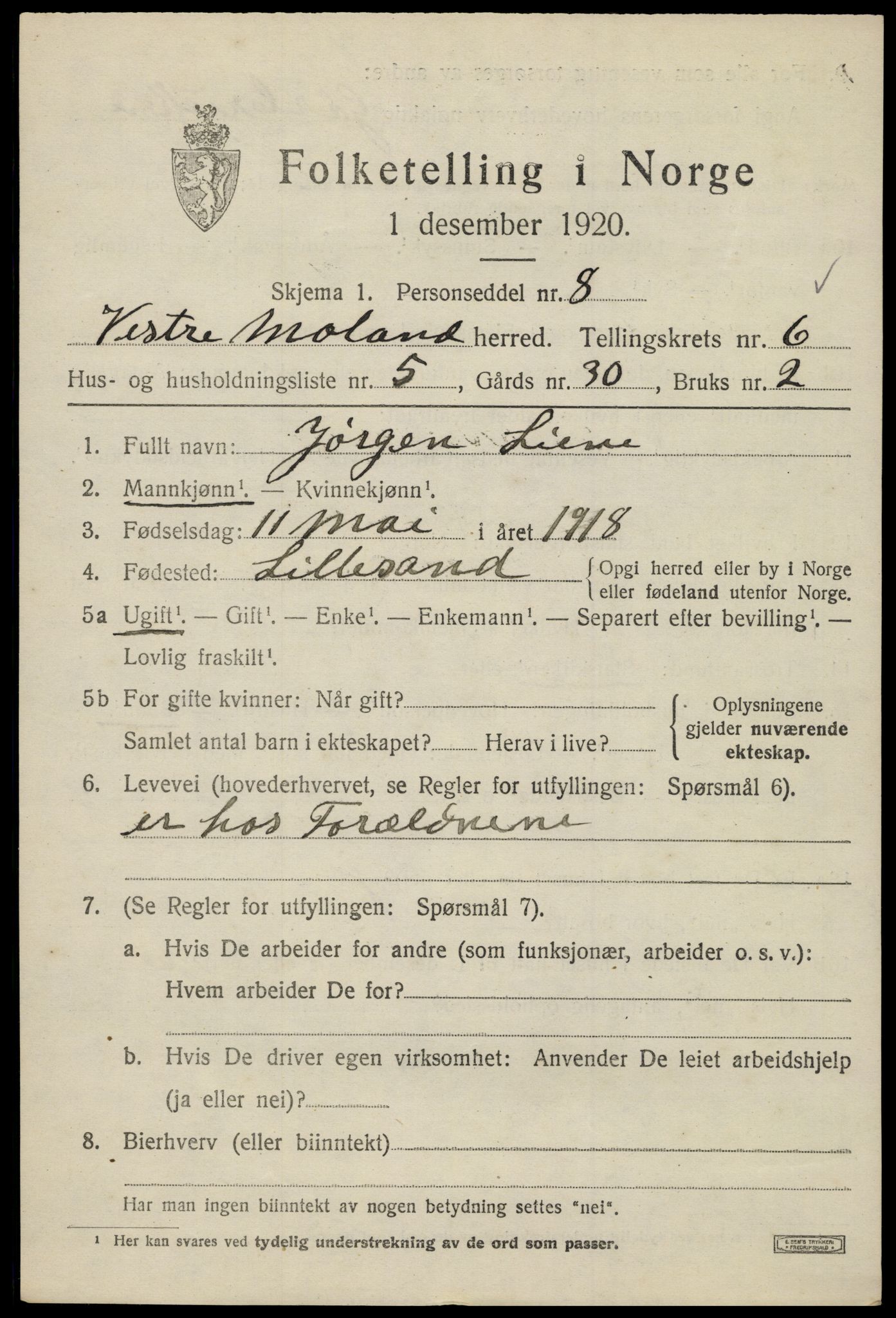 SAK, 1920 census for Vestre Moland, 1920, p. 4643