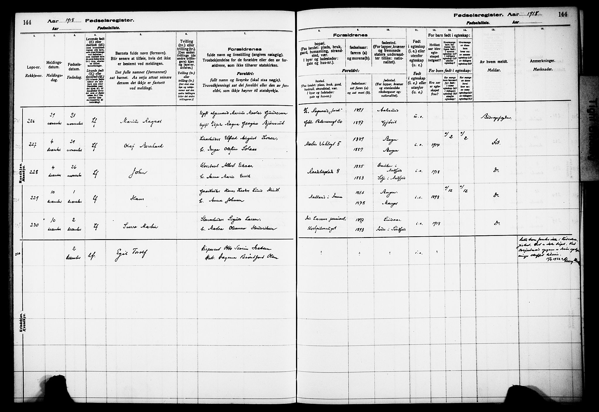 Kvinneklinikken, AV/SAB-A-76301/F/L0A01: Birth register no. A 1, 1916-1920, p. 144