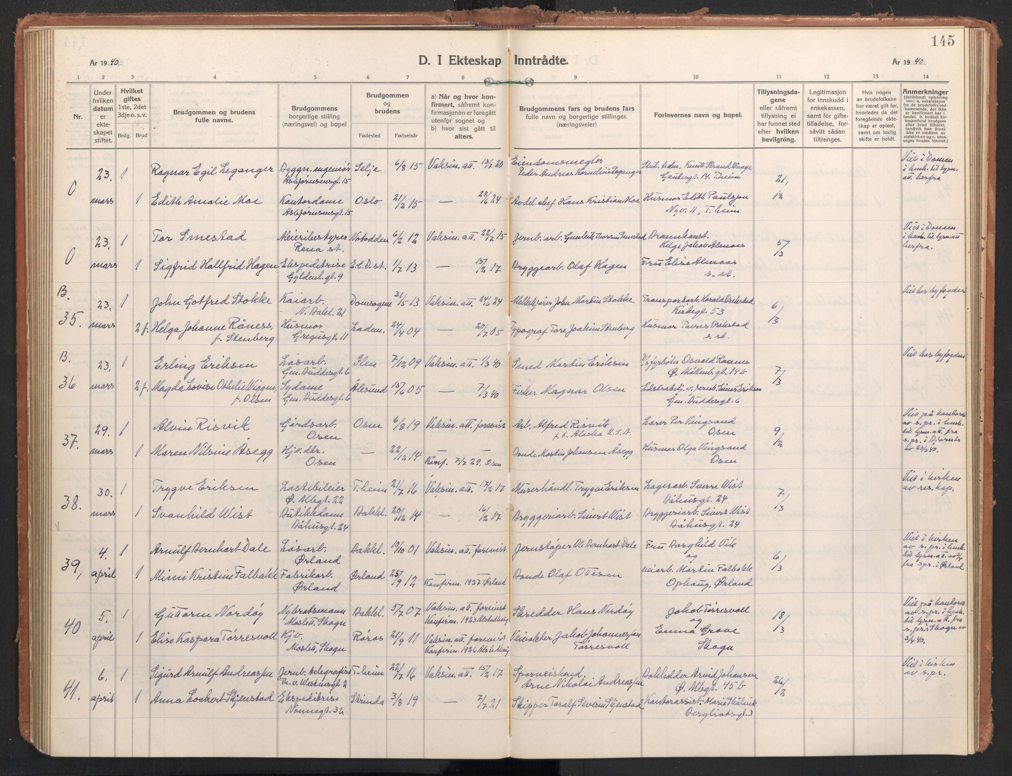 Ministerialprotokoller, klokkerbøker og fødselsregistre - Sør-Trøndelag, AV/SAT-A-1456/604/L0209: Parish register (official) no. 604A29, 1931-1945, p. 145