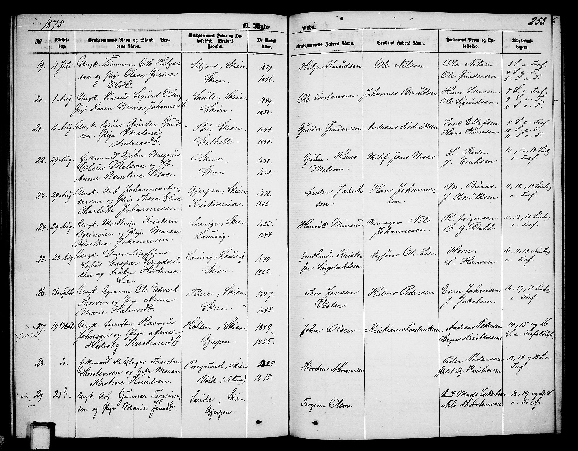 Skien kirkebøker, SAKO/A-302/G/Ga/L0005: Parish register (copy) no. 5, 1868-1880, p. 253