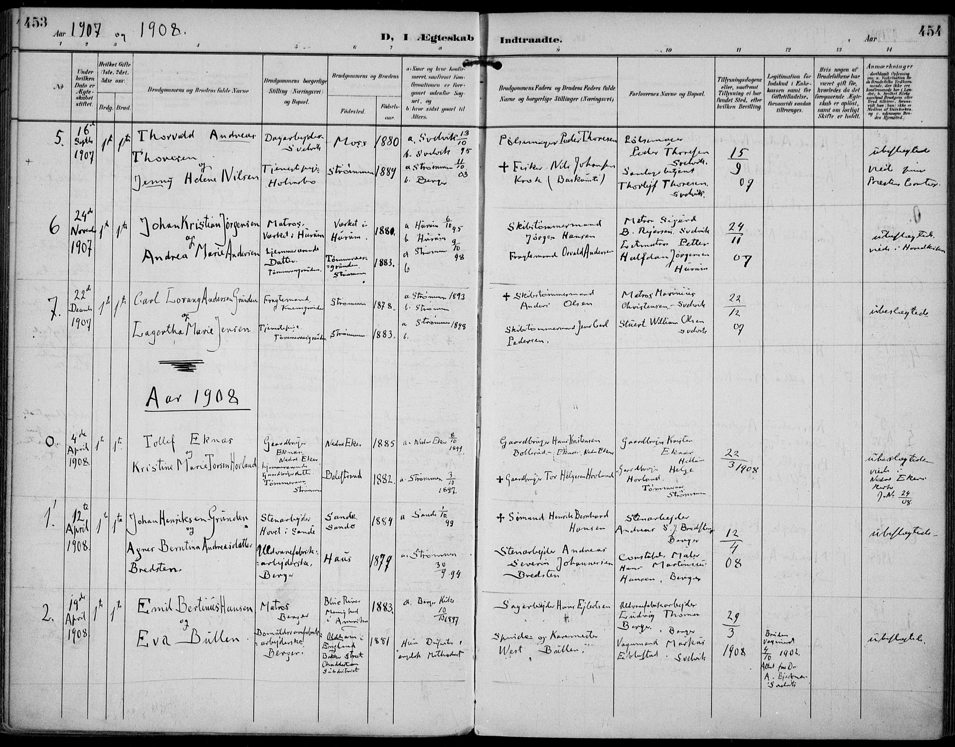 Strømm kirkebøker, AV/SAKO-A-322/F/Fa/L0005: Parish register (official) no. I 5, 1898-1919, p. 453-454