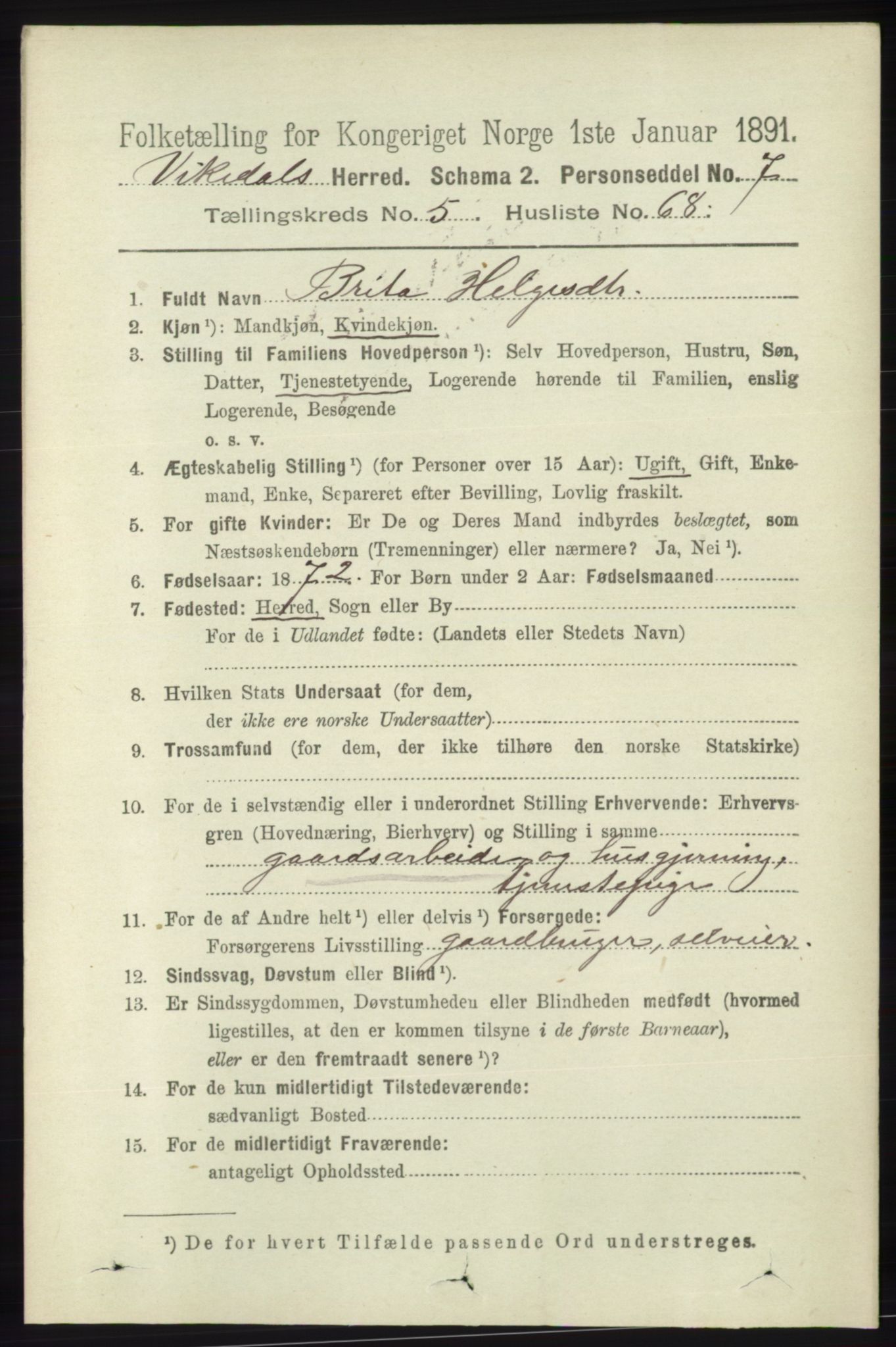 RA, 1891 census for 1157 Vikedal, 1891, p. 1477