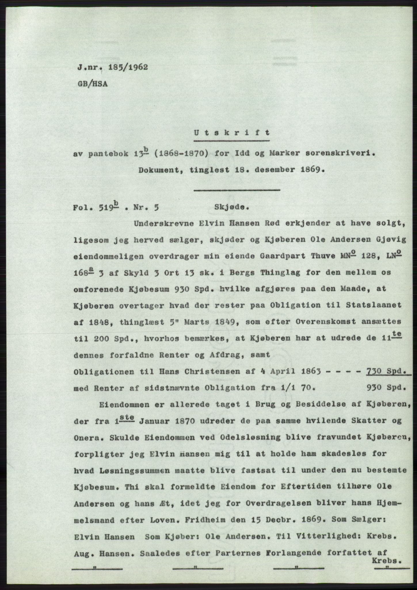Statsarkivet i Oslo, SAO/A-10621/Z/Zd/L0015: Avskrifter, j.nr 2-699/1962, 1962, p. 69