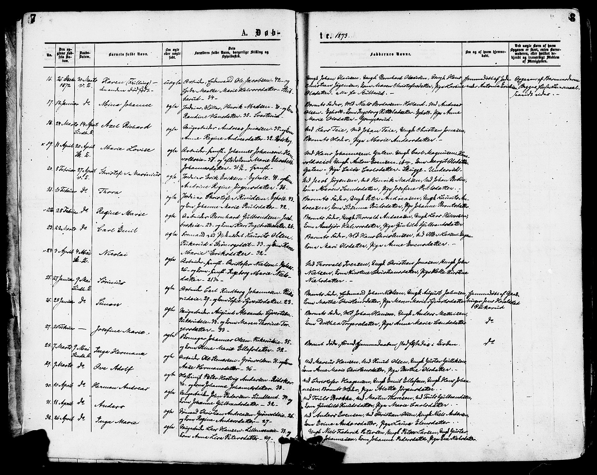 Skoger kirkebøker, SAKO/A-59/F/Fa/L0005: Parish register (official) no. I 5, 1873-1884, p. 7-8