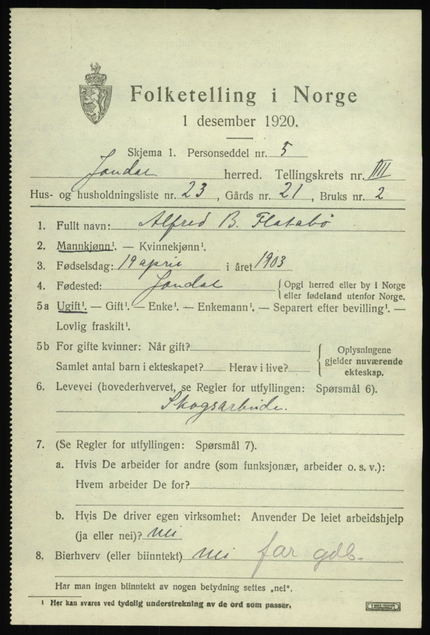 SAB, 1920 census for Jondal, 1920, p. 2490