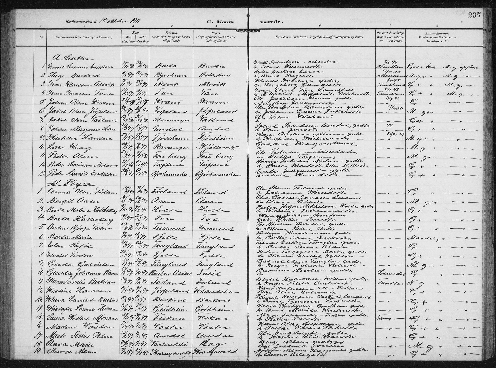 Strand sokneprestkontor, AV/SAST-A-101828/H/Ha/Hab/L0005: Parish register (copy) no. B 5, 1904-1934, p. 237