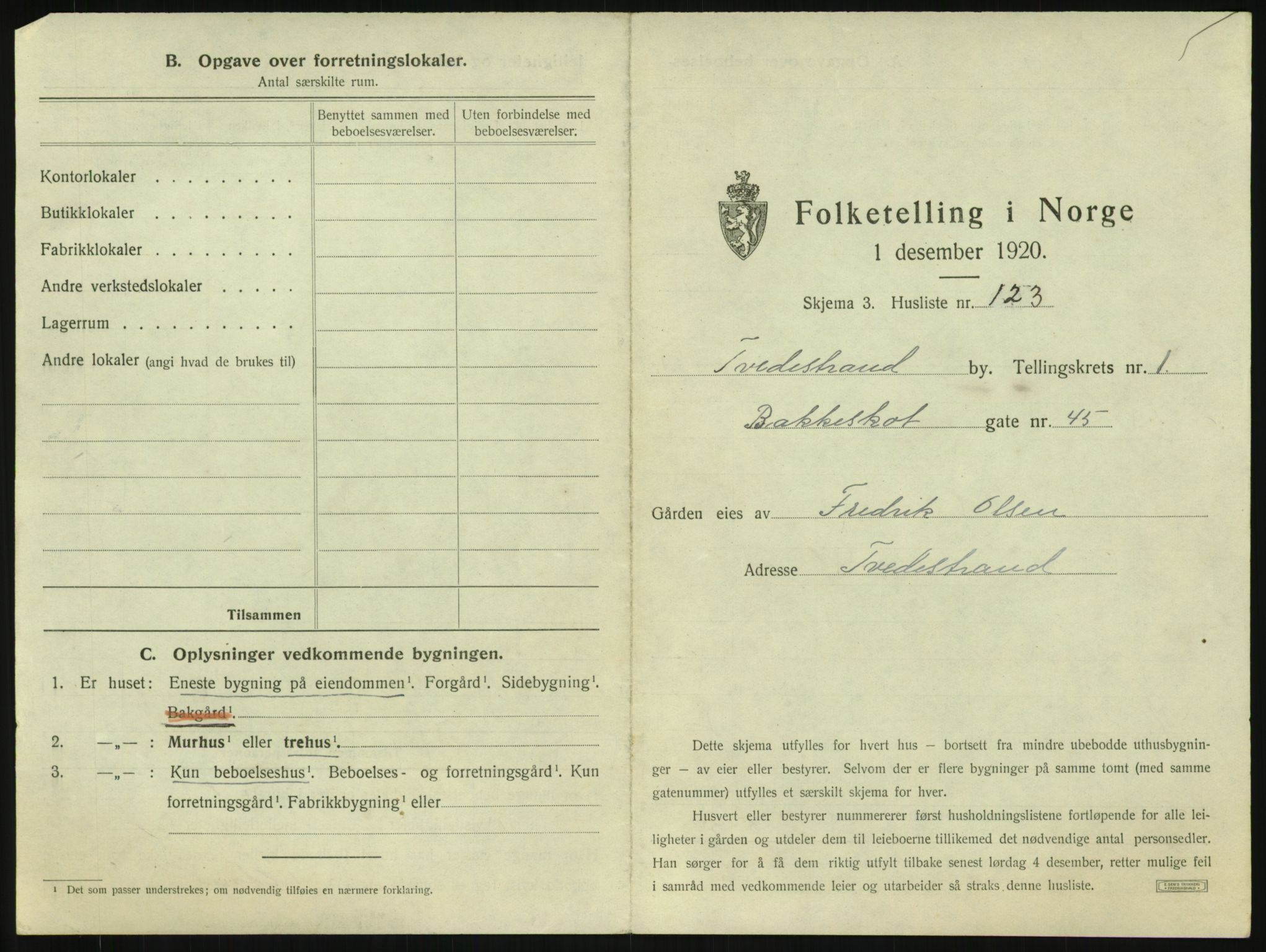 SAK, 1920 census for Tvedestrand, 1920, p. 267