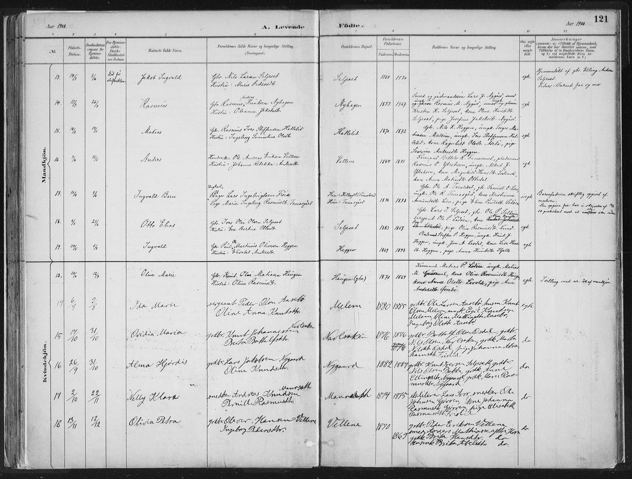 Hornindal sokneprestembete, SAB/A-82401/H/Haa/Haaa/L0003/0001: Parish register (official) no. A 3A, 1887-1917, p. 121