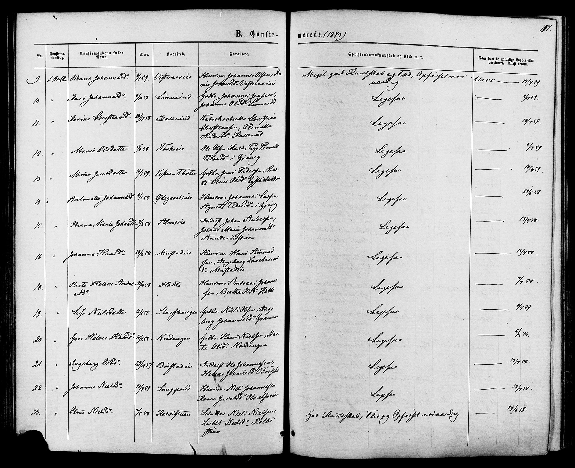 Vardal prestekontor, AV/SAH-PREST-100/H/Ha/Haa/L0007: Parish register (official) no. 7, 1867-1878, p. 197