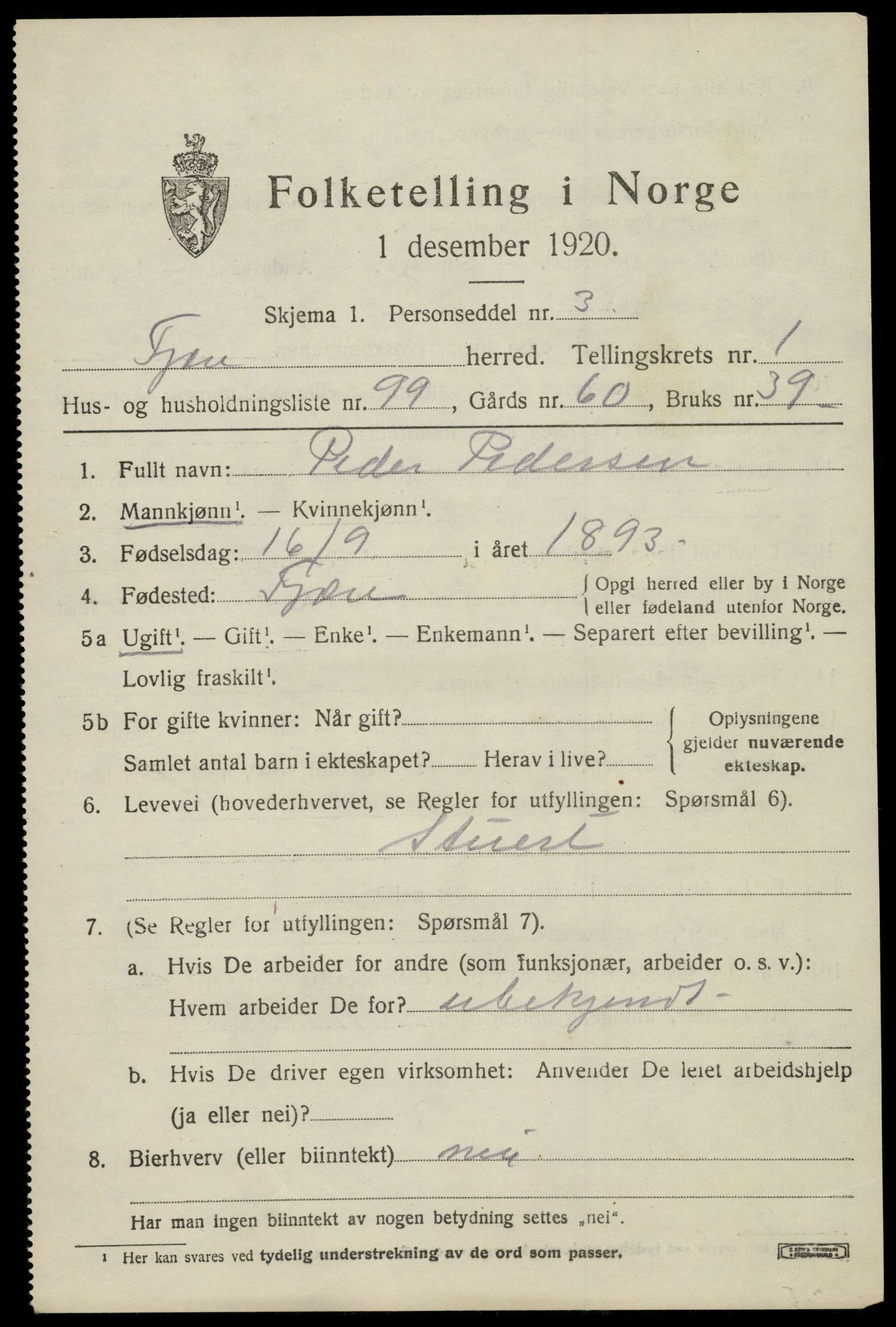 SAK, 1920 census for Fjære, 1920, p. 3163