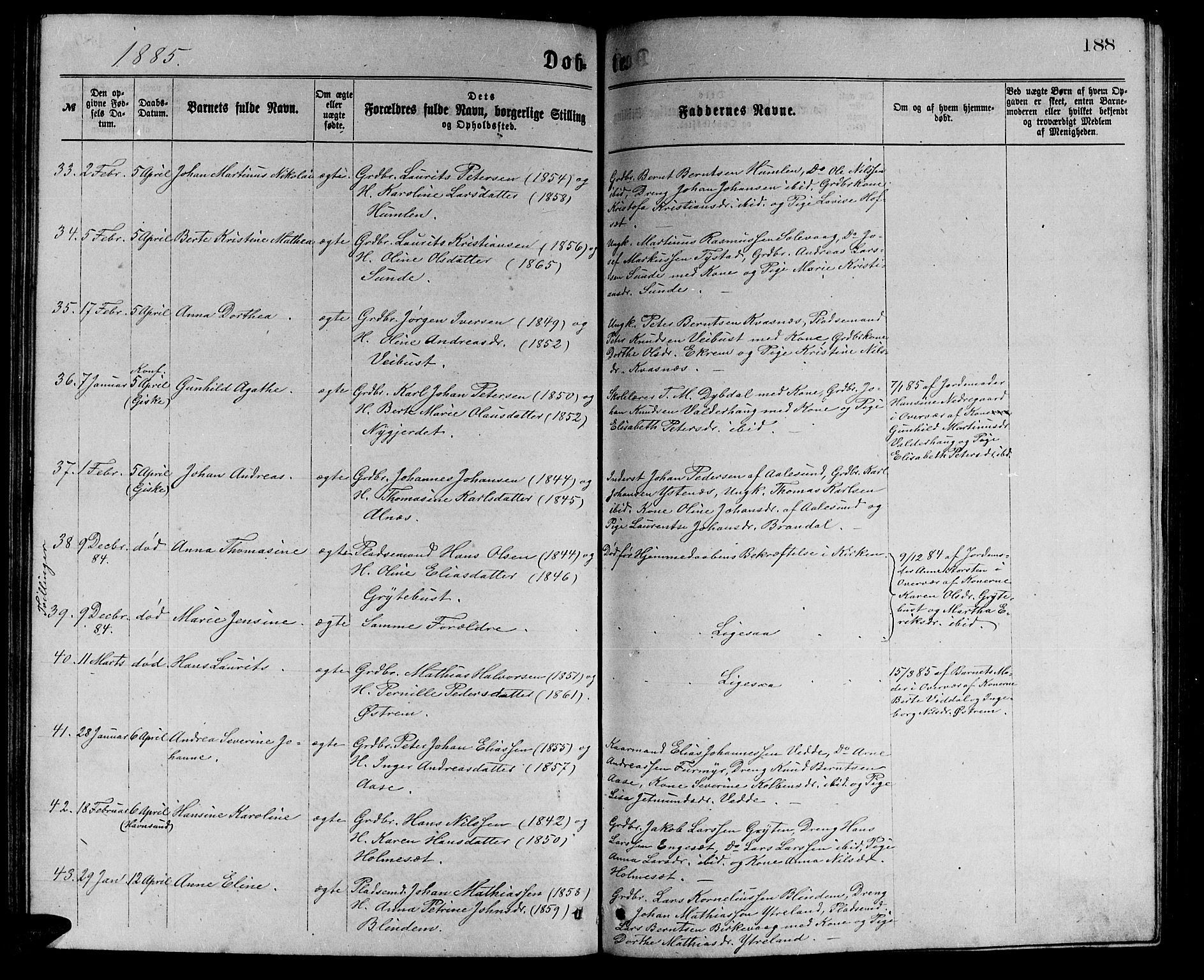 Ministerialprotokoller, klokkerbøker og fødselsregistre - Møre og Romsdal, AV/SAT-A-1454/528/L0429: Parish register (copy) no. 528C10, 1872-1886, p. 188