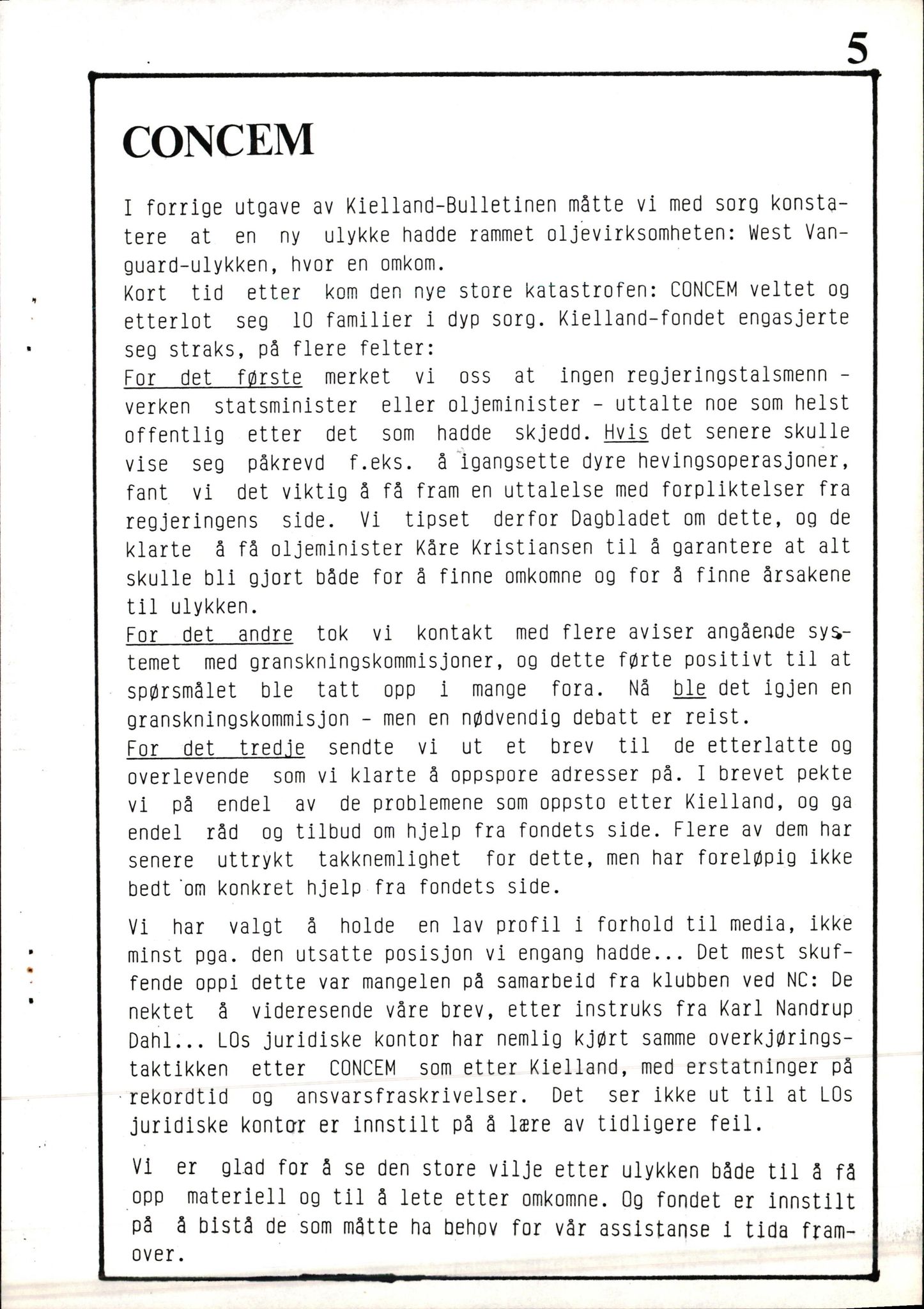 Pa 1660 - Kielland- fondet, AV/SAST-A-102242/X/Xa/L0001: Rapport til overlevende og etterlatte/ Kielland Bulletin, 1980-1998