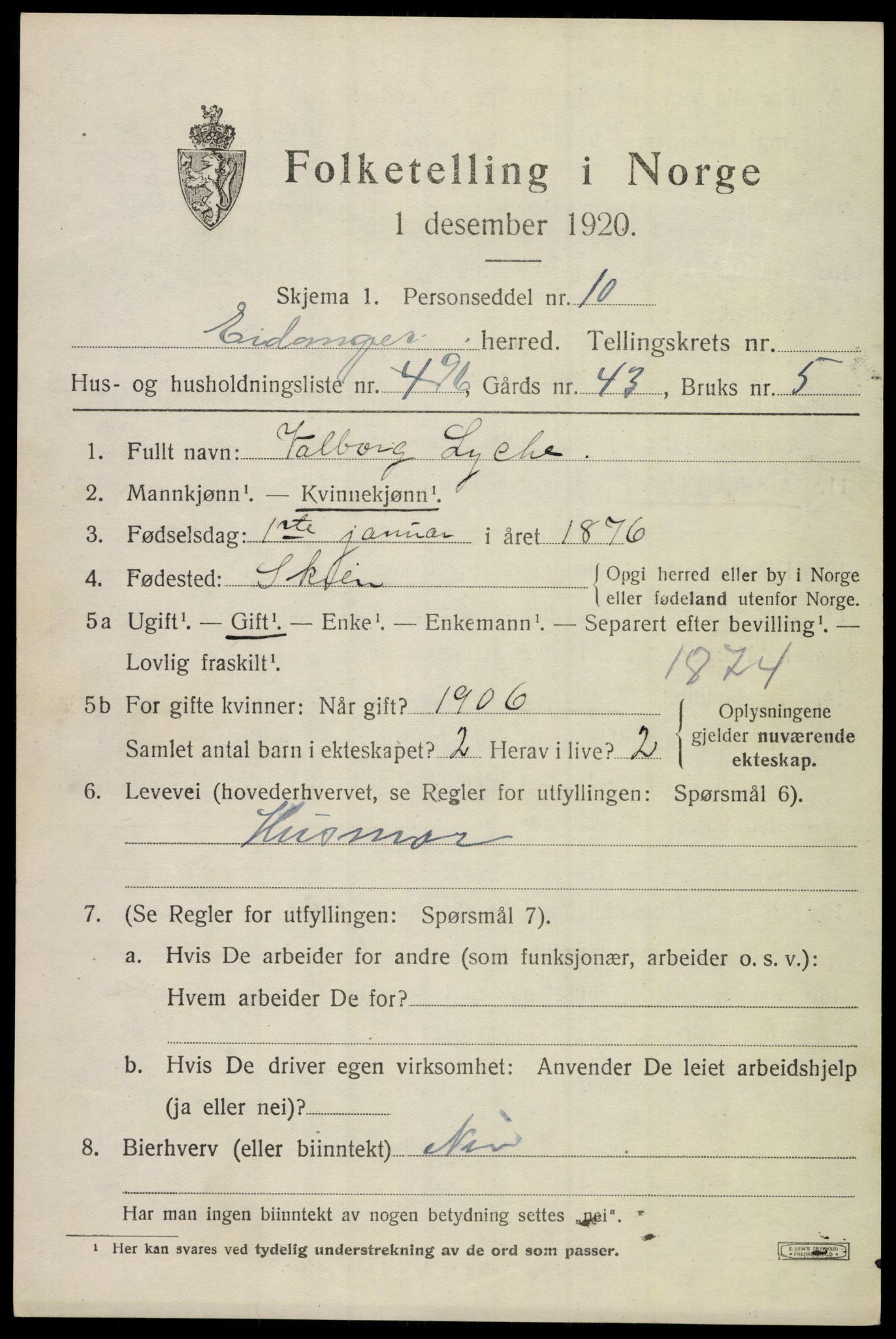 SAKO, 1920 census for Eidanger, 1920, p. 2910