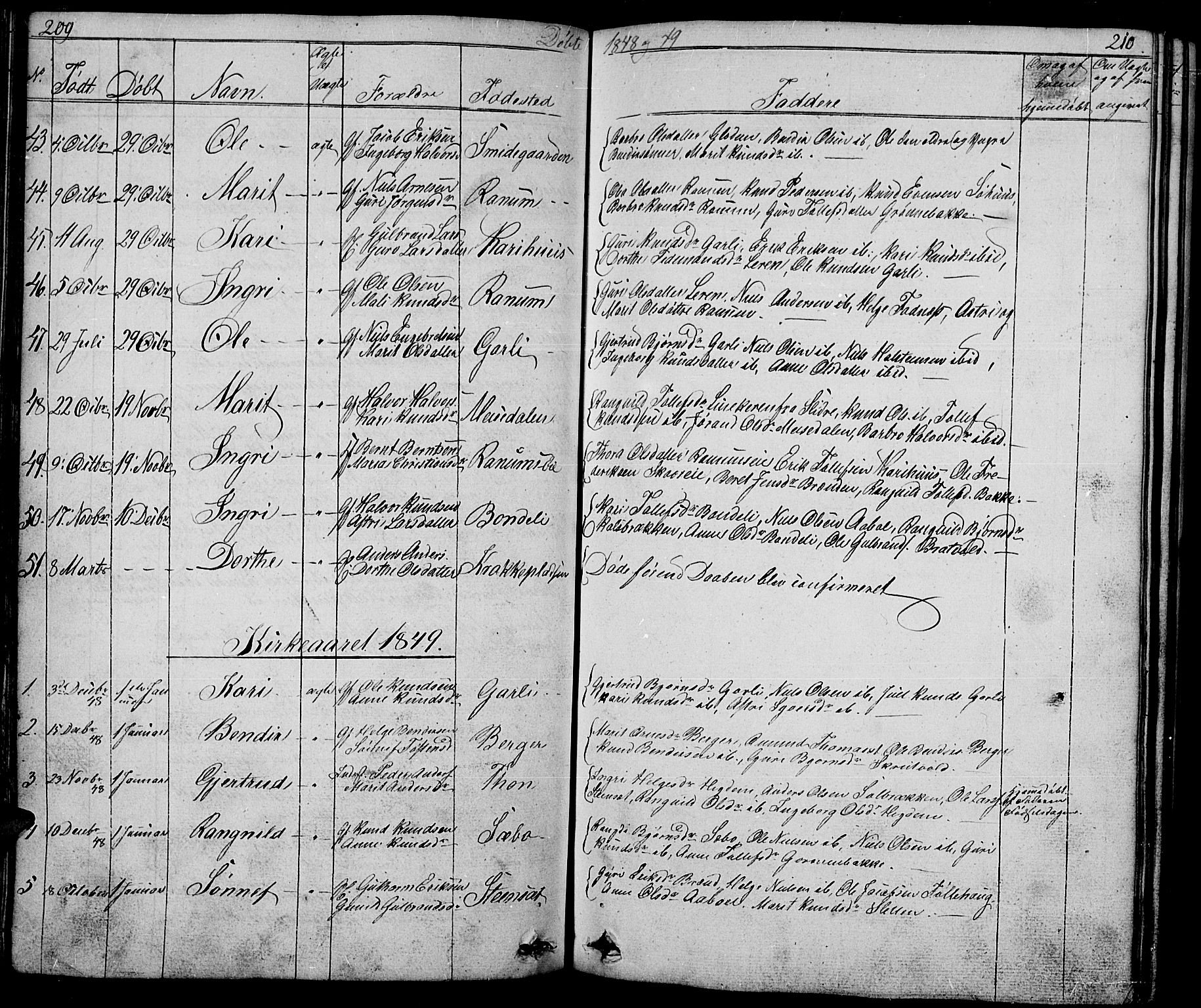 Nord-Aurdal prestekontor, SAH/PREST-132/H/Ha/Hab/L0001: Parish register (copy) no. 1, 1834-1887, p. 209-210