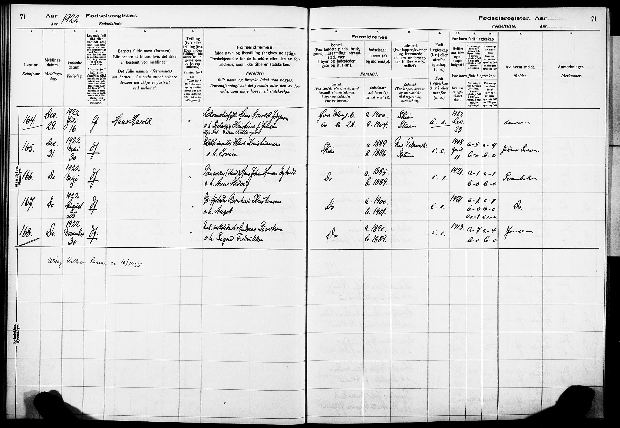 Skien kirkebøker, AV/SAKO-A-302/J/Ja/L0002: Birth register no. 2, 1921-1927, p. 71