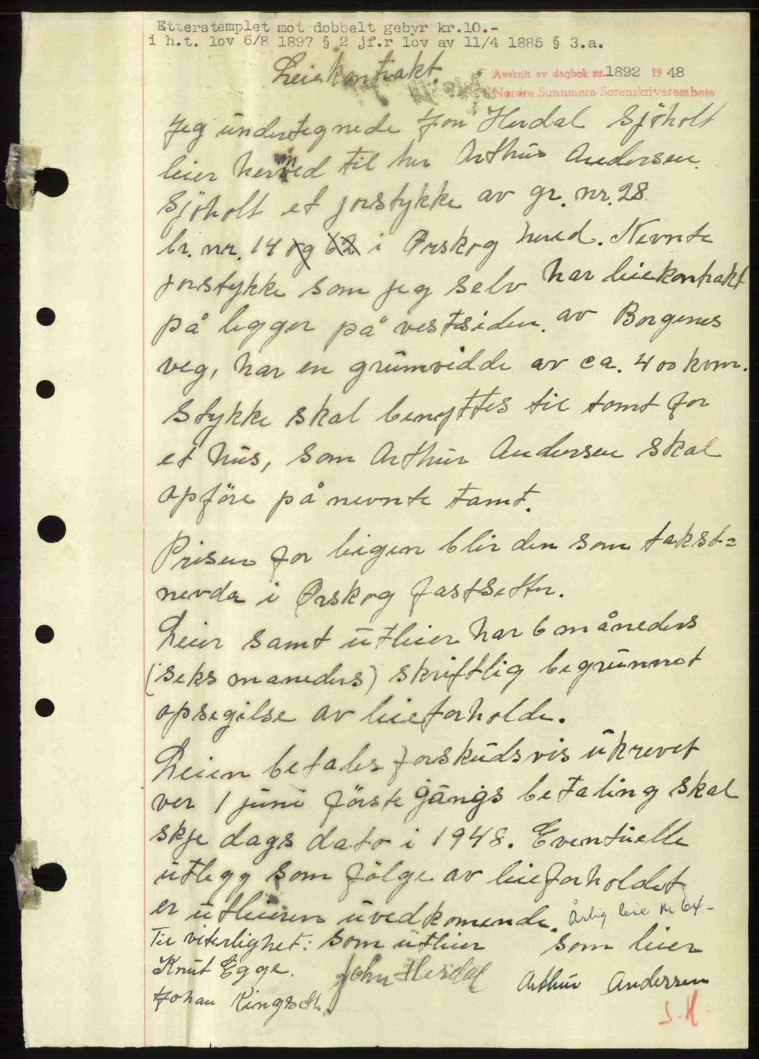 Nordre Sunnmøre sorenskriveri, AV/SAT-A-0006/1/2/2C/2Ca: Mortgage book no. A29, 1948-1949, Diary no: : 1892/1948