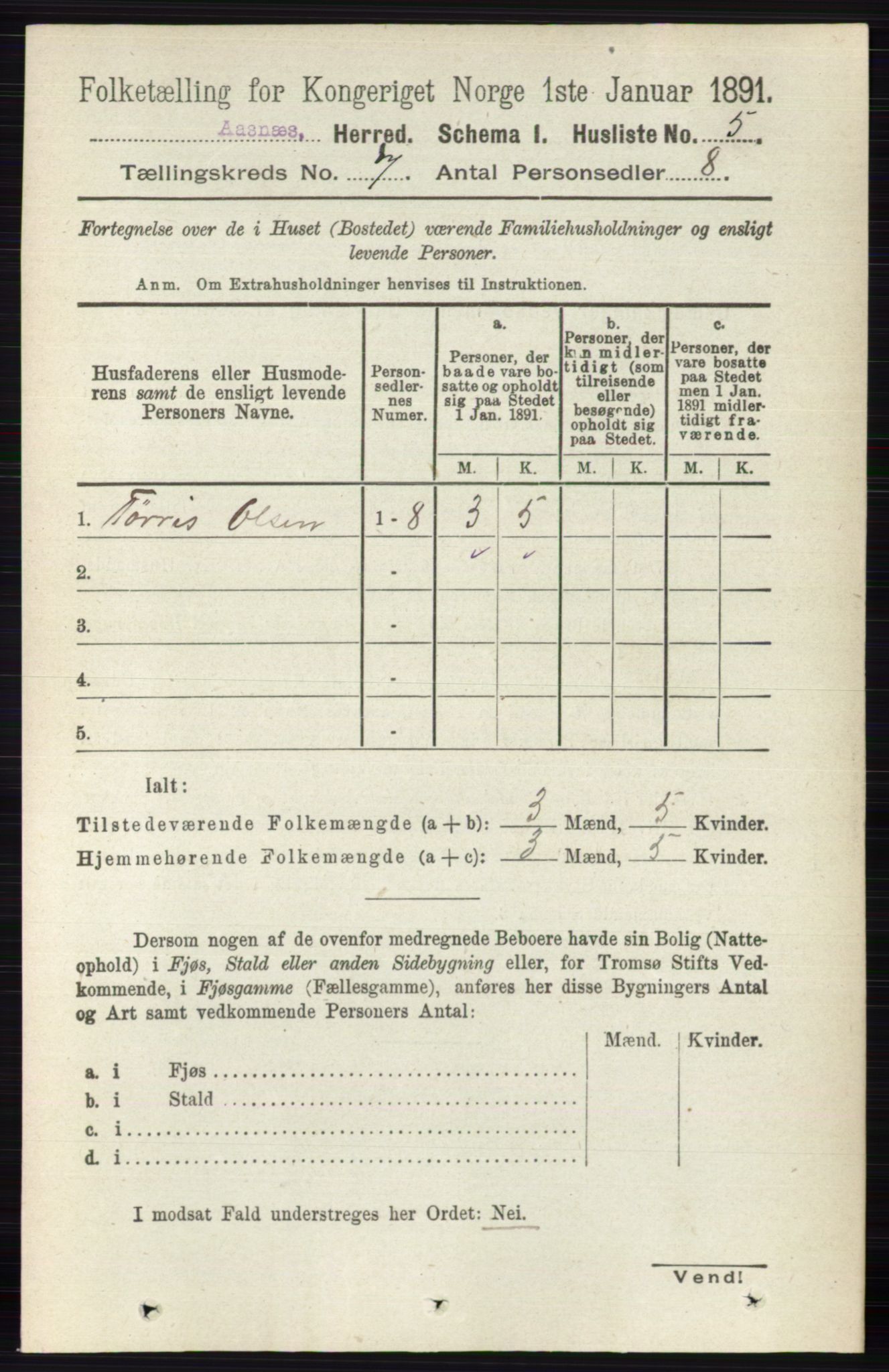 RA, 1891 census for 0425 Åsnes, 1891, p. 3240