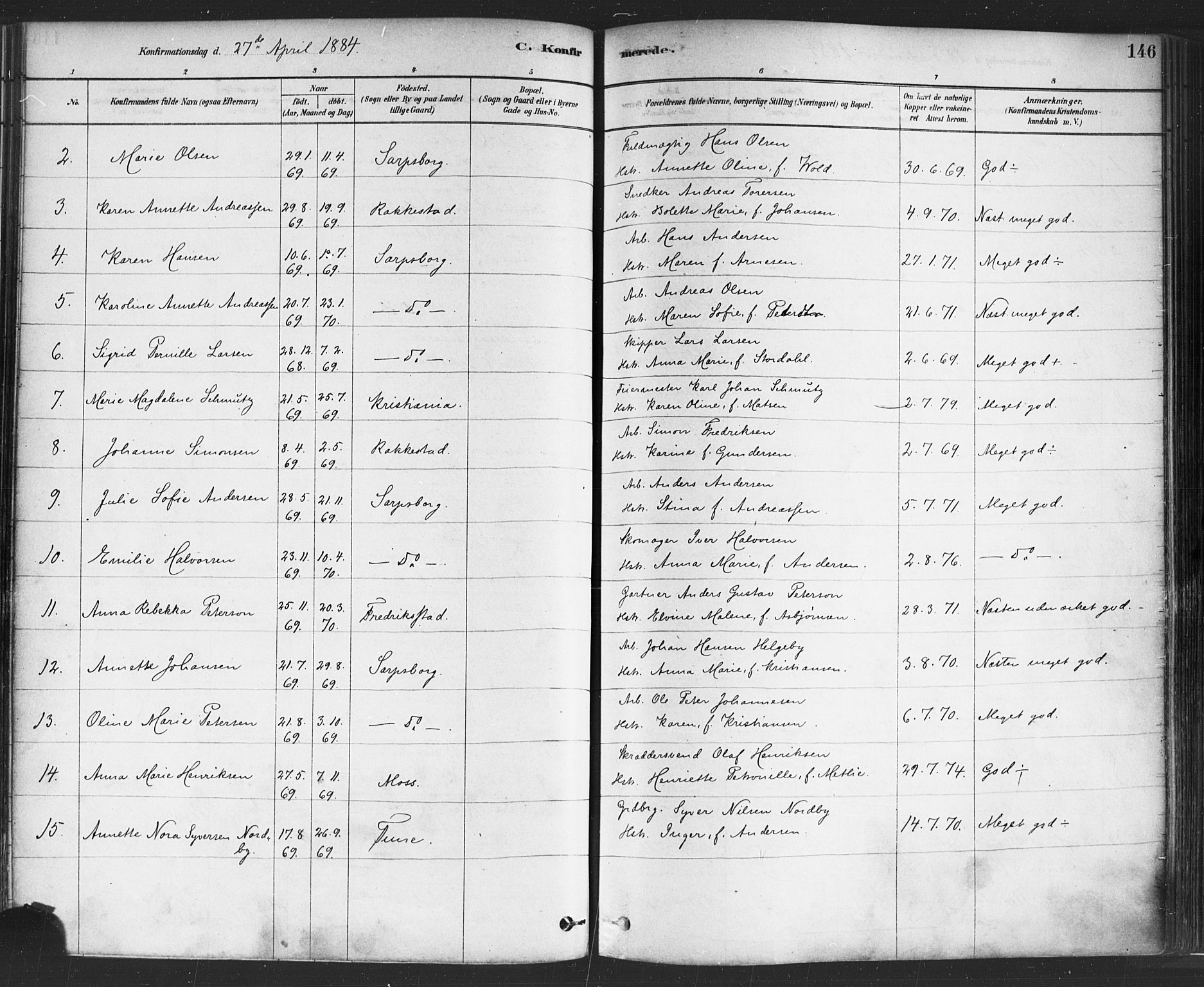 Sarpsborg prestekontor Kirkebøker, SAO/A-2006/F/Fa/L0003: Parish register (official) no. 3, 1878-1891, p. 146