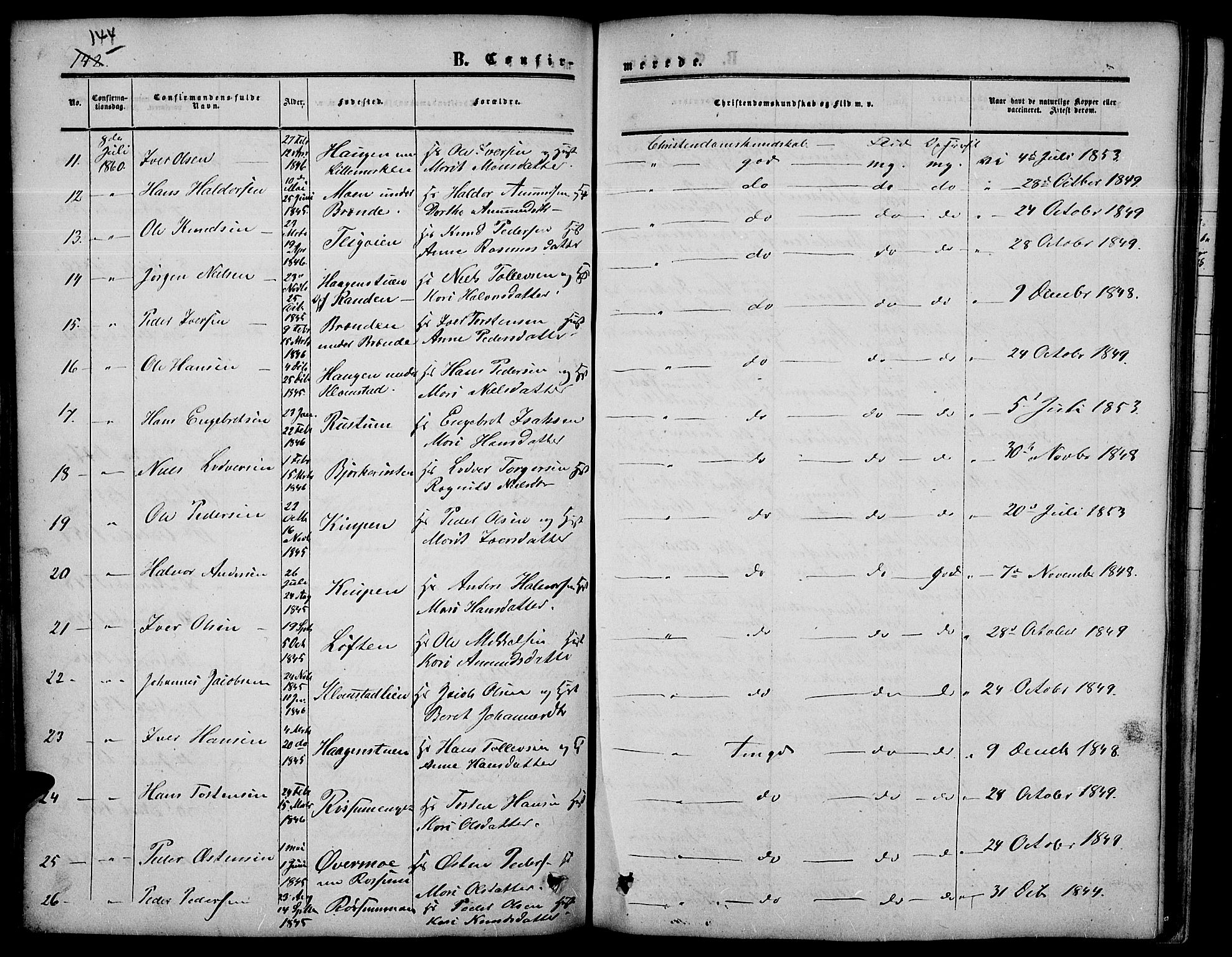 Nord-Fron prestekontor, SAH/PREST-080/H/Ha/Hab/L0003: Parish register (copy) no. 3, 1851-1886, p. 144