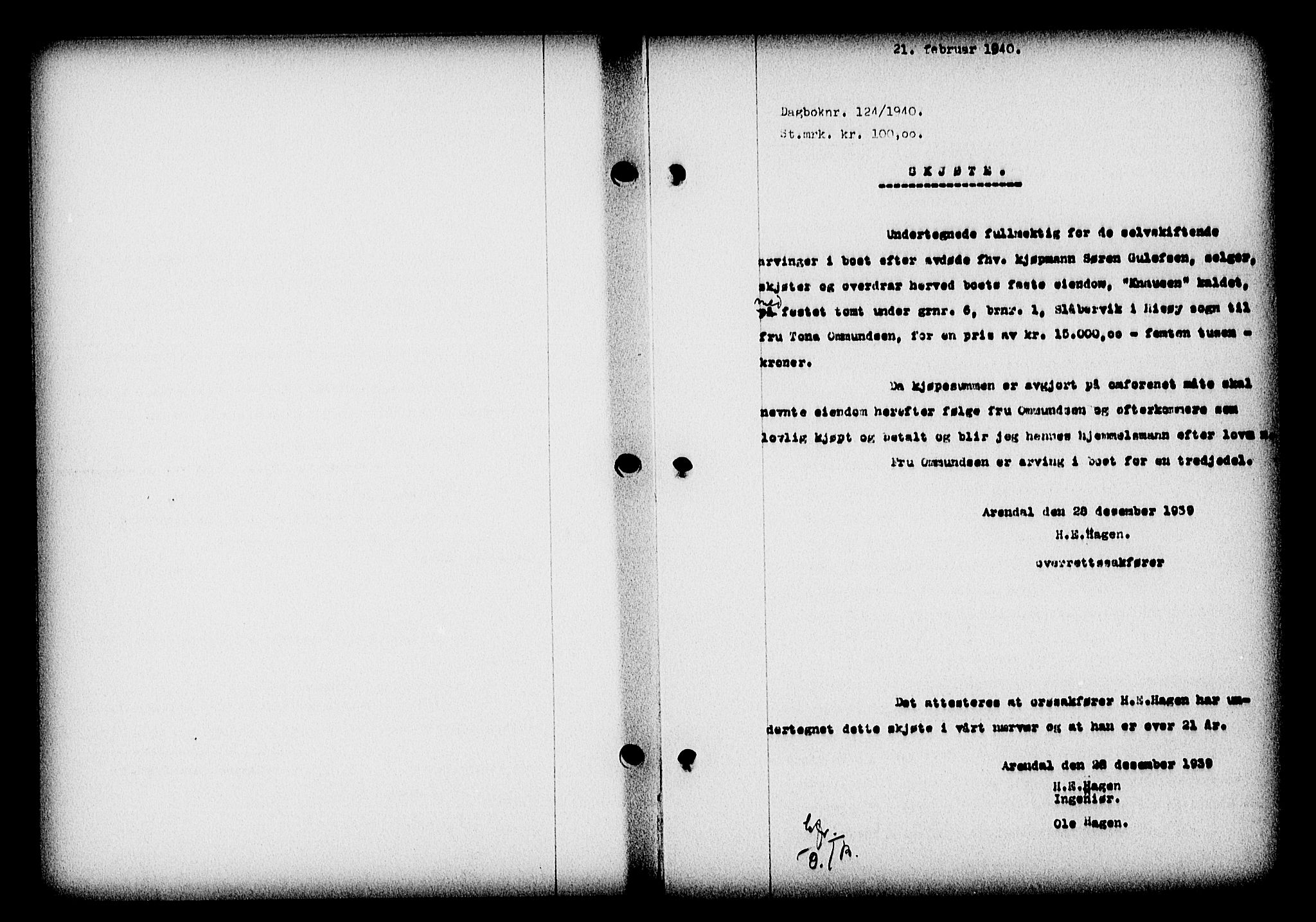 Nedenes sorenskriveri, SAK/1221-0006/G/Gb/Gba/L0047: Mortgage book no. A-I, 1939-1940, Diary no: : 124/1940